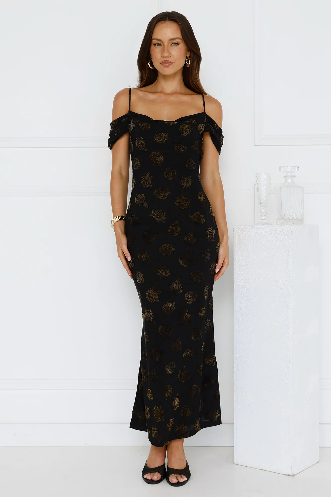 Petal Kiss Off Shoulder Maxi Dress Black