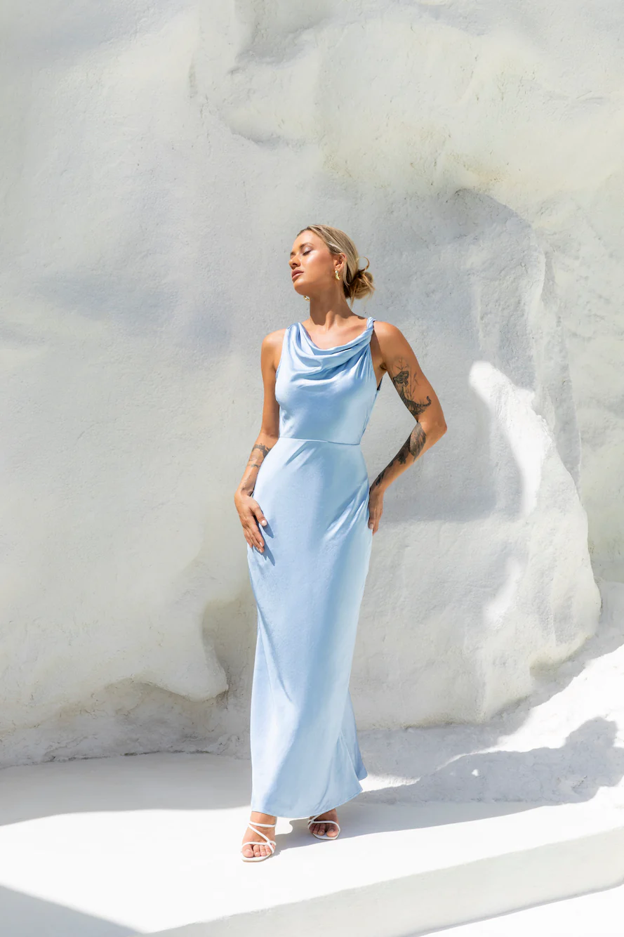 Moonlit Palms Satin Maxi Dress Blue