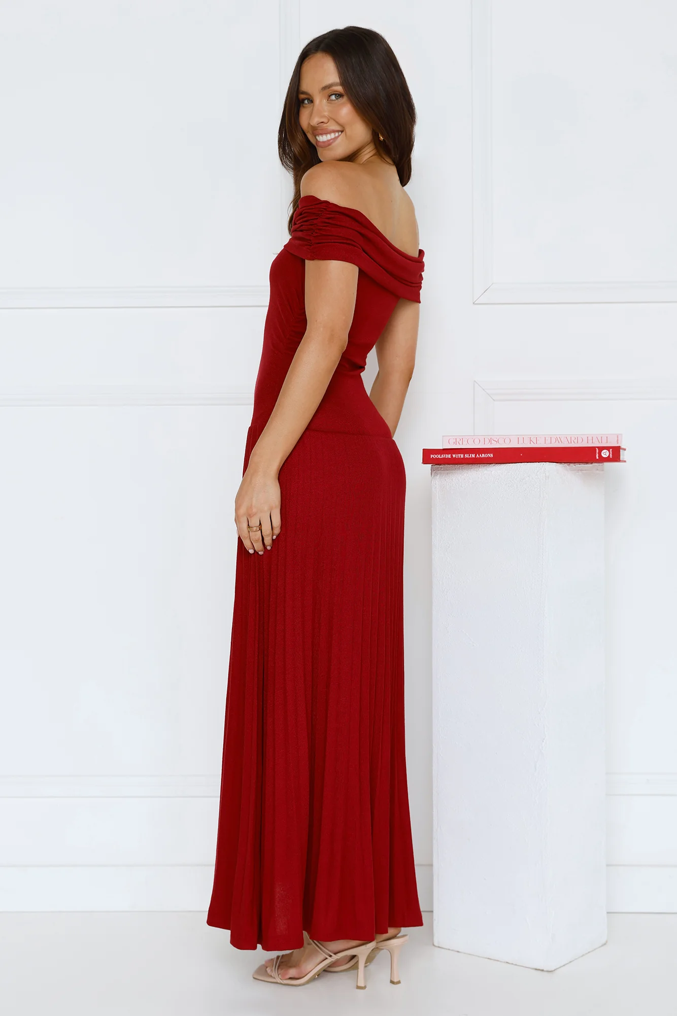 Nikita Off Shoulder Ribbed Maxi Dress Red