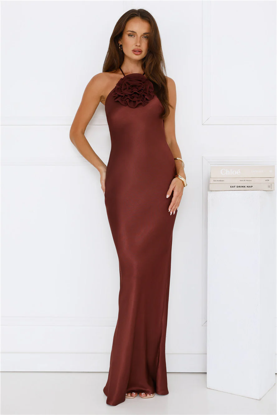 Piazza Nights Satin Maxi Dress Chocolate