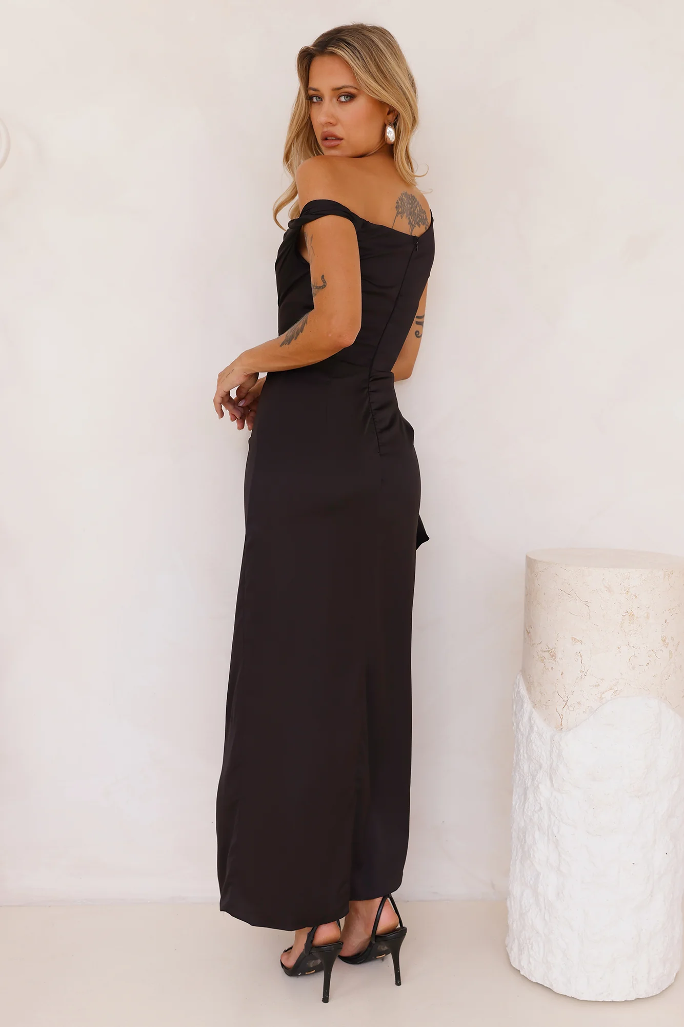 Nightfall Event Off Shoulder Satin Maxi Dress Black