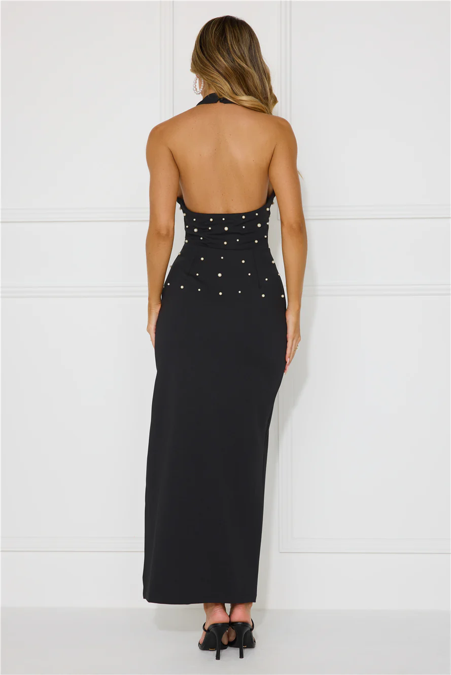 Ocean Beauty Halter Pearl Maxi Dress Black