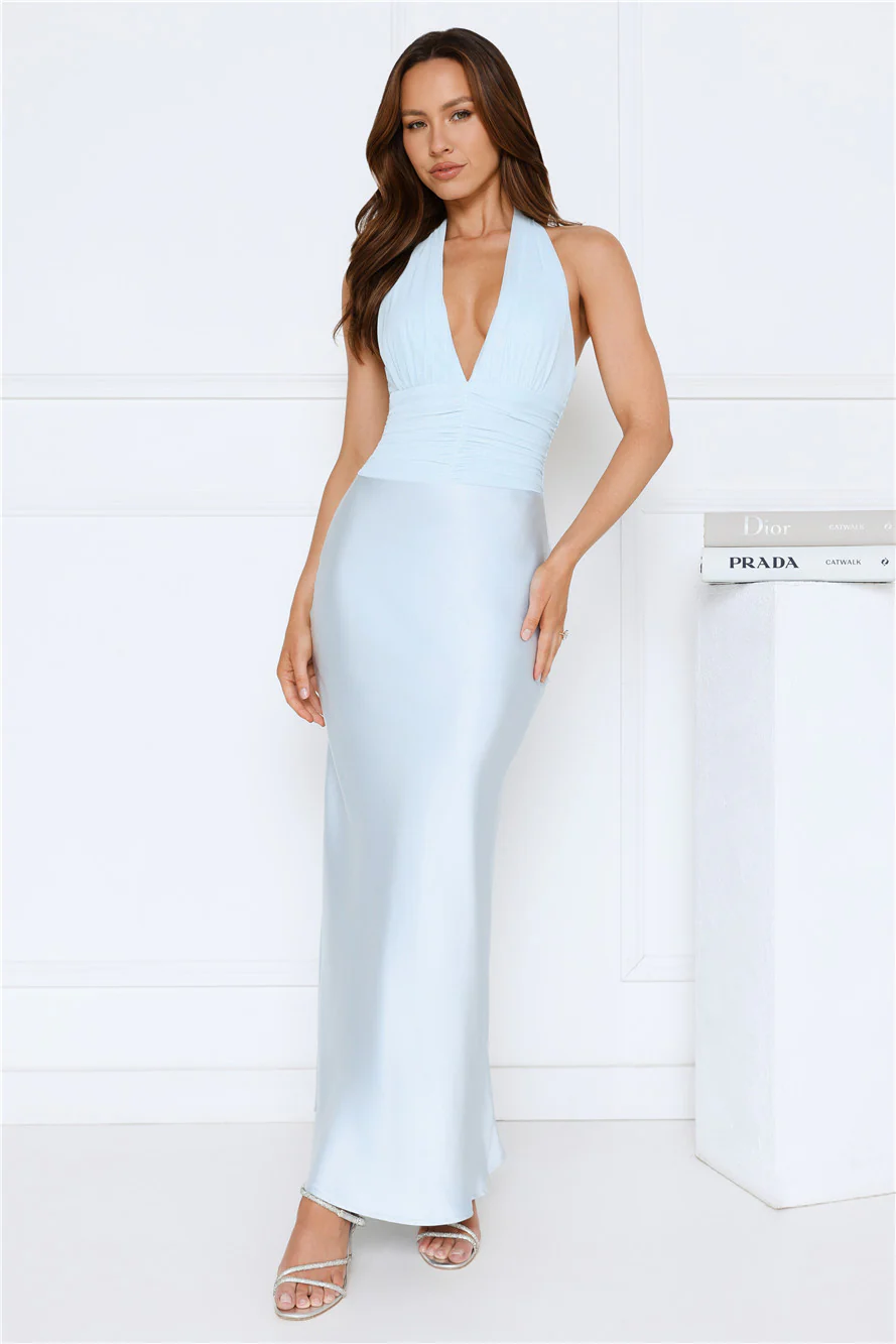 Petal Lane Mesh Satin Halter Maxi Dress Blue