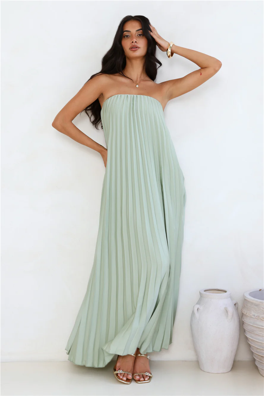 Moonlit Sea Pleated Strapless Maxi Dress Sage