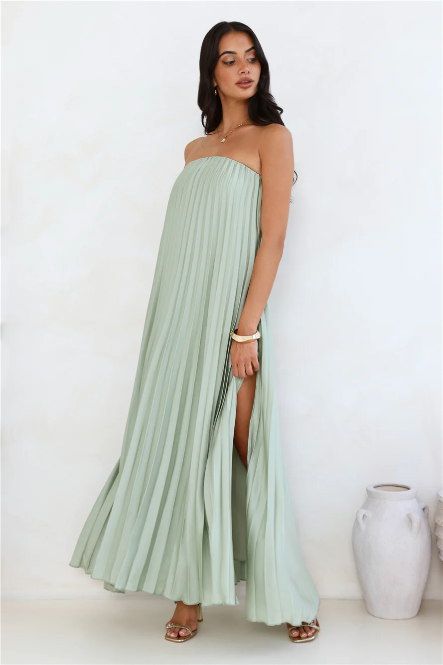 Moonlit Sea Pleated Strapless Maxi Dress Sage