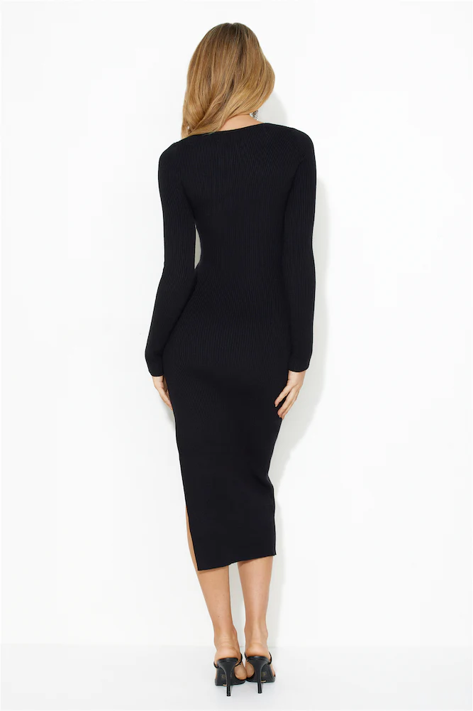 Night Owl Long Sleeve Ribbed Midi Dress Black