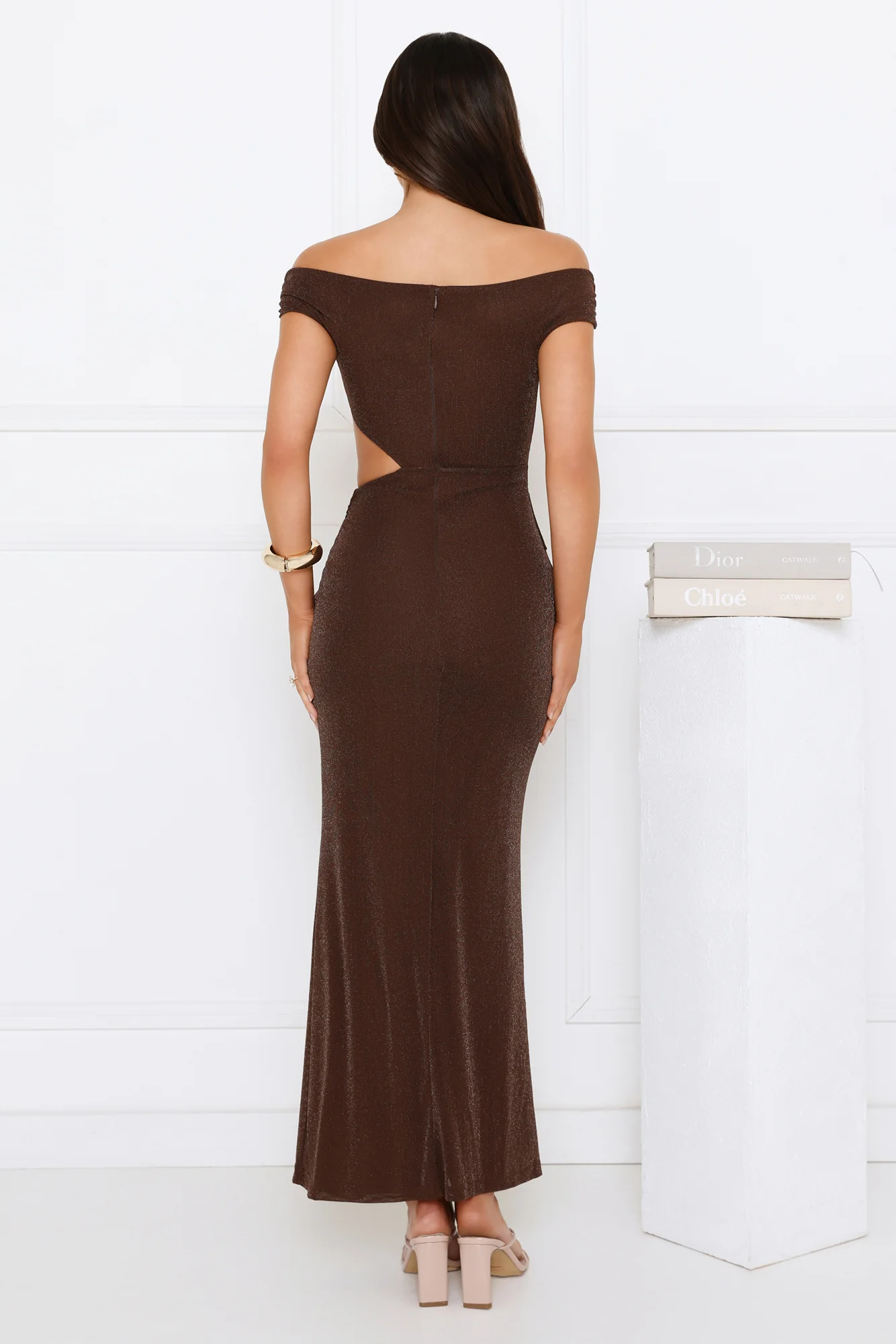 Old Love Letter Off Shoulder Maxi Dress Brown