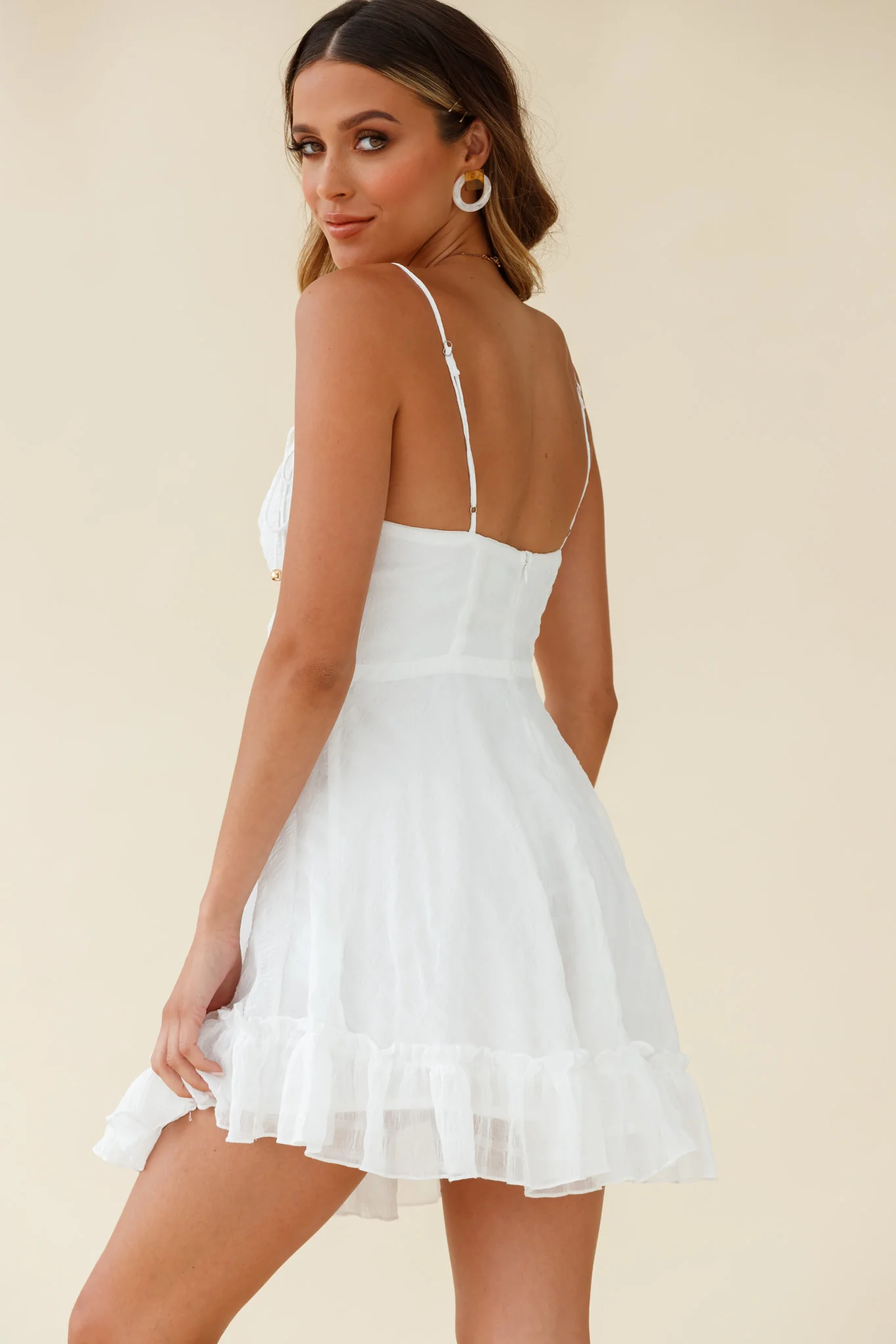 Janie String Tie Detail Ruffle Hem Babydoll Dress White