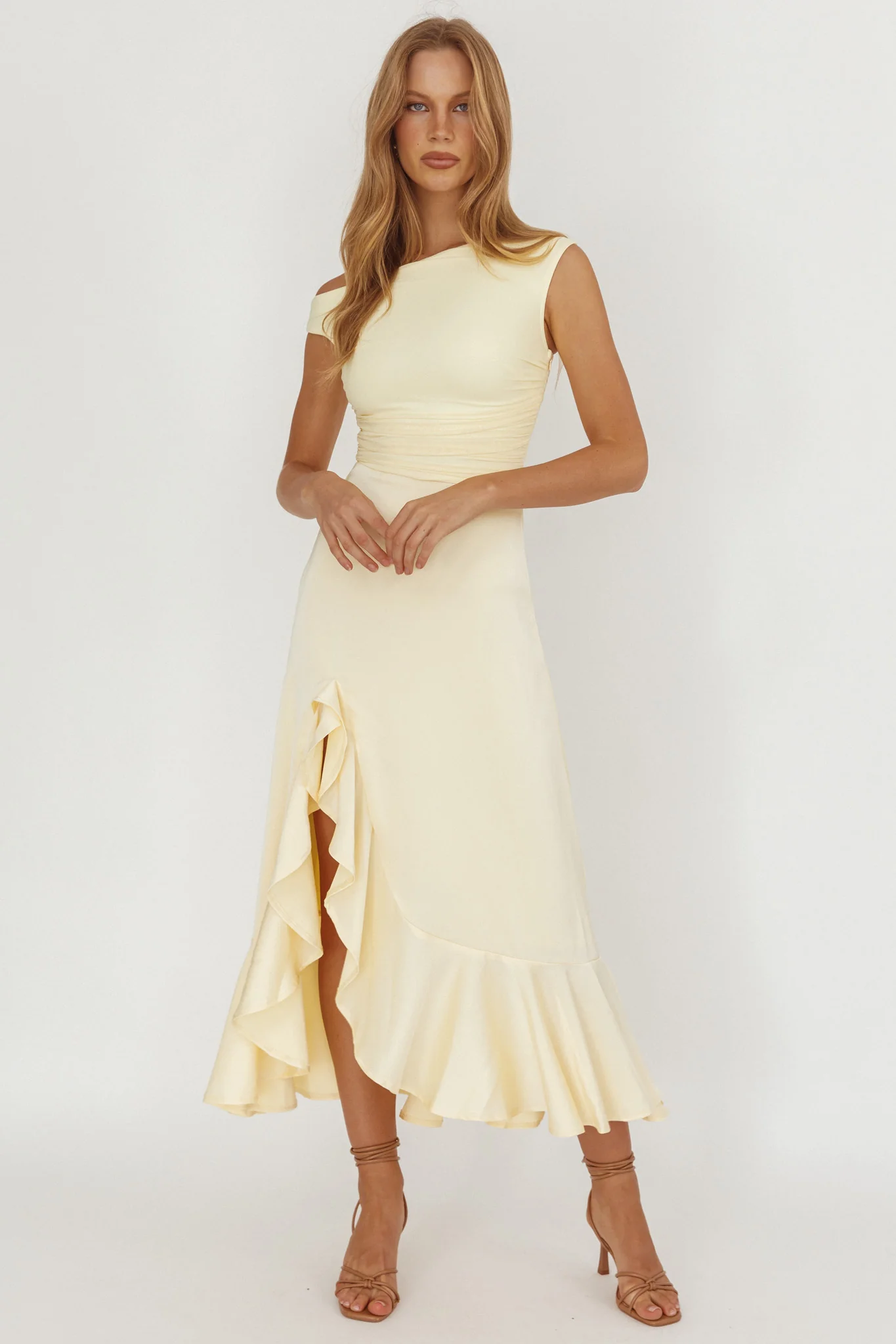 Moonlit Magic Asymmetric Neckline Satin Ruffle Dress Butter