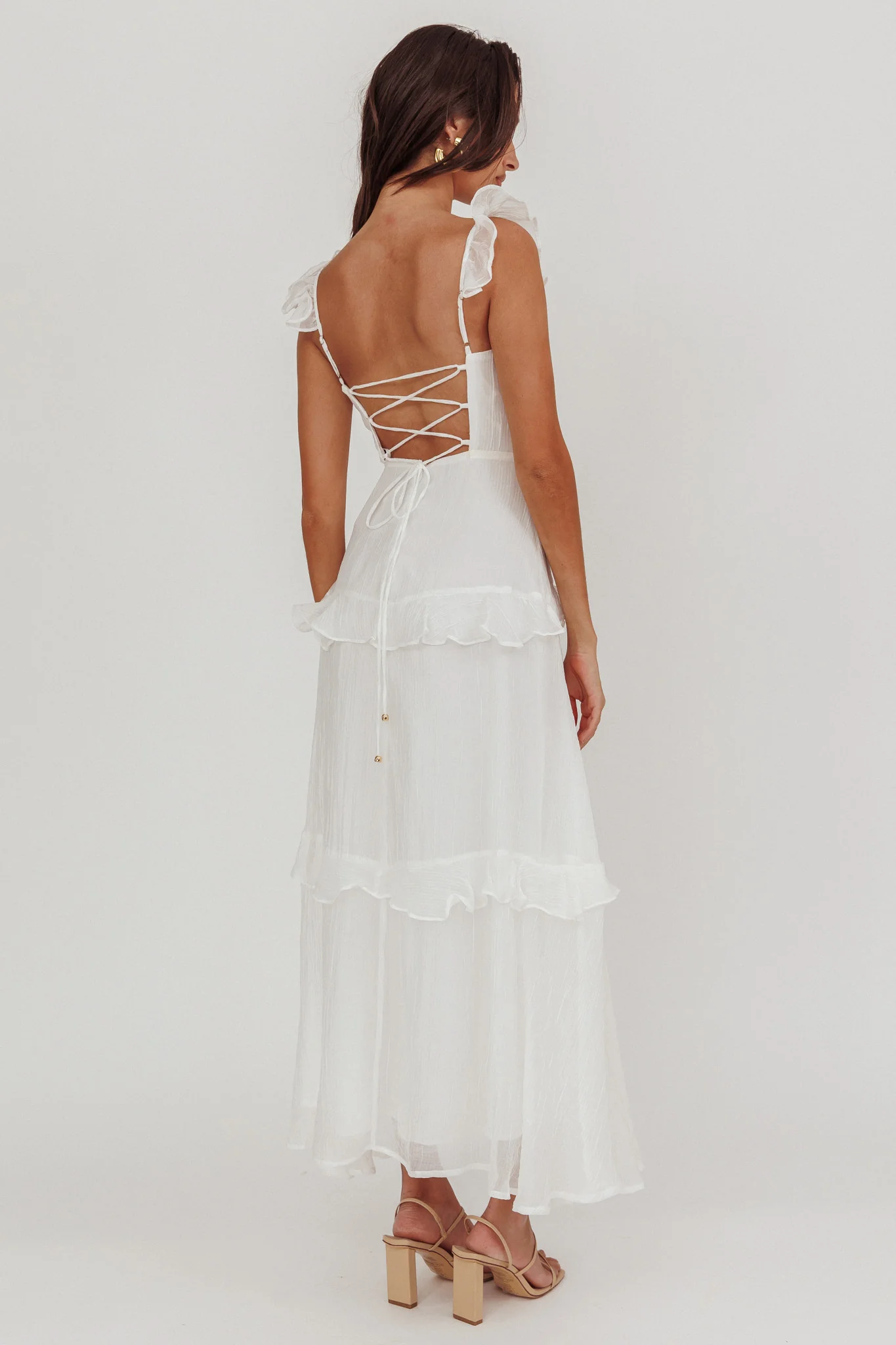 Moonlit Moment Ruffle Trim Lace-Up Back Maxi Dress White