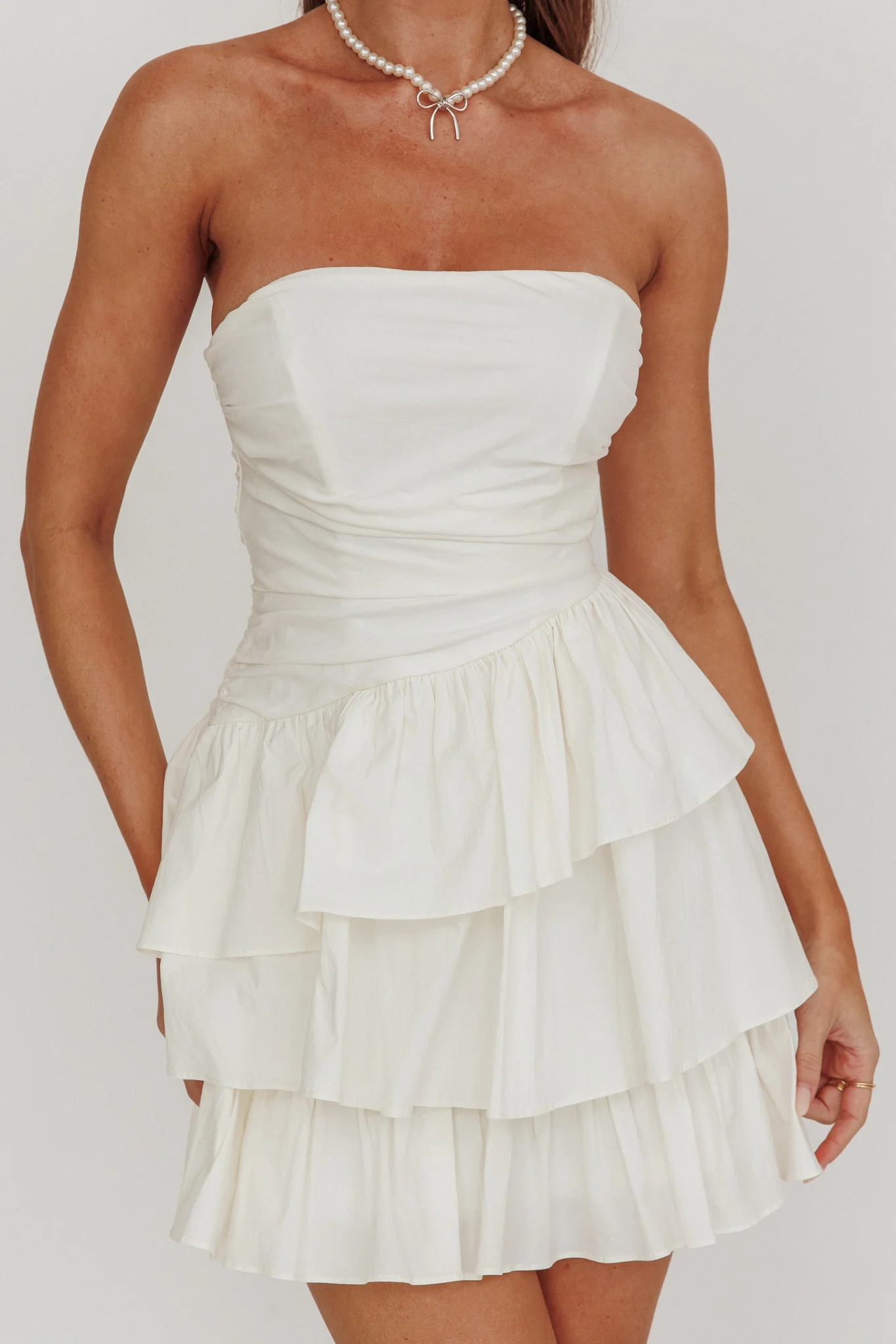 Destini Strapless Layered Frill Mini Dress Off White