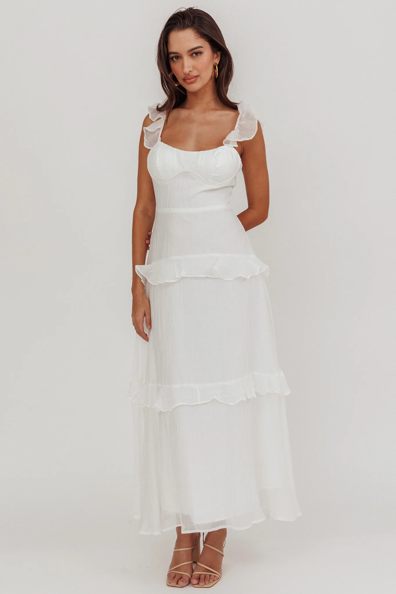 Moonlit Moment Ruffle Trim Lace-Up Back Maxi Dress White