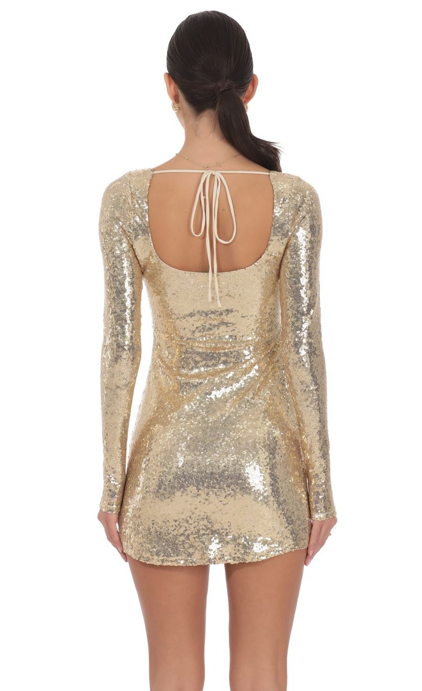 Sequin V-Neck Long Sleeve Dress in Gold