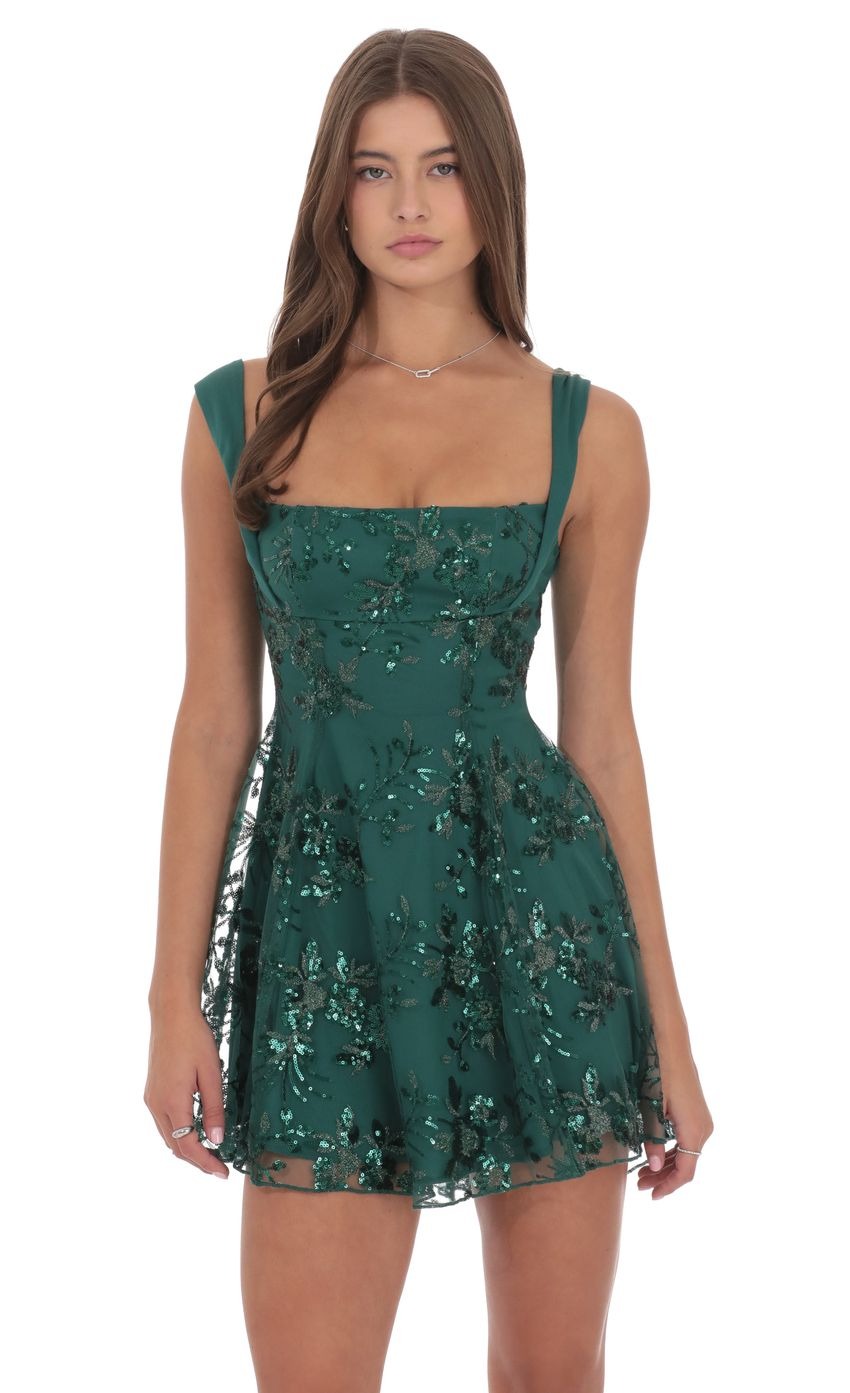 Floral Sequin Fit and Flare Dress in Green