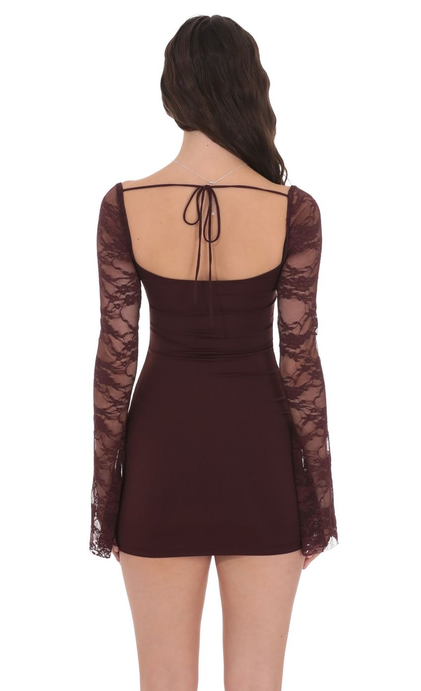 Lace Long Sleeve Bodycon Dress in Brown