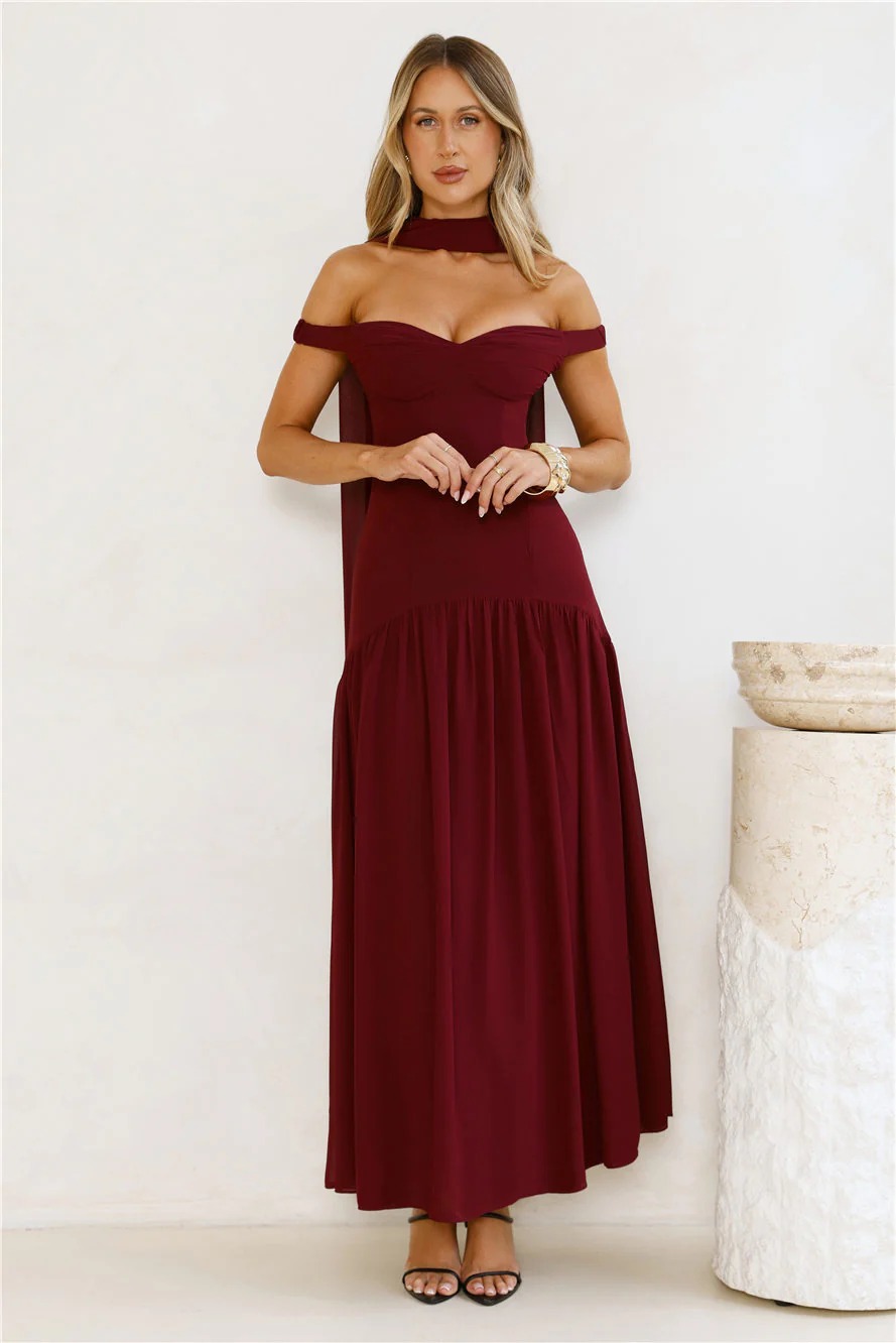 The Style Spotlight Off Shoulder Maxi Dress Burgundy