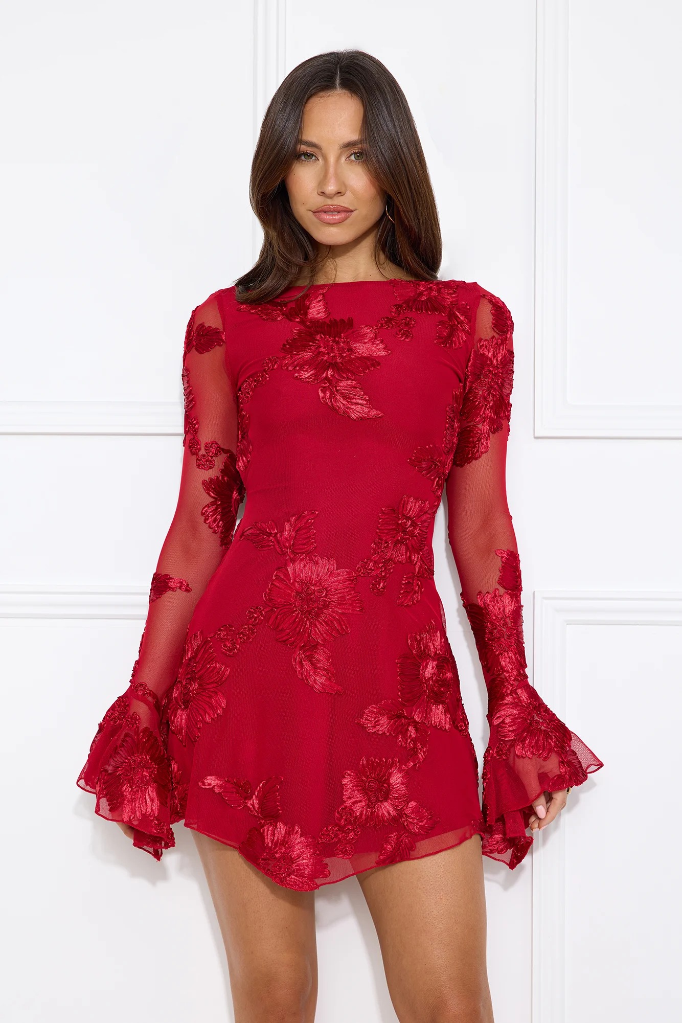 Bright Breezy Long Sleeve Mesh Mini Dress Red