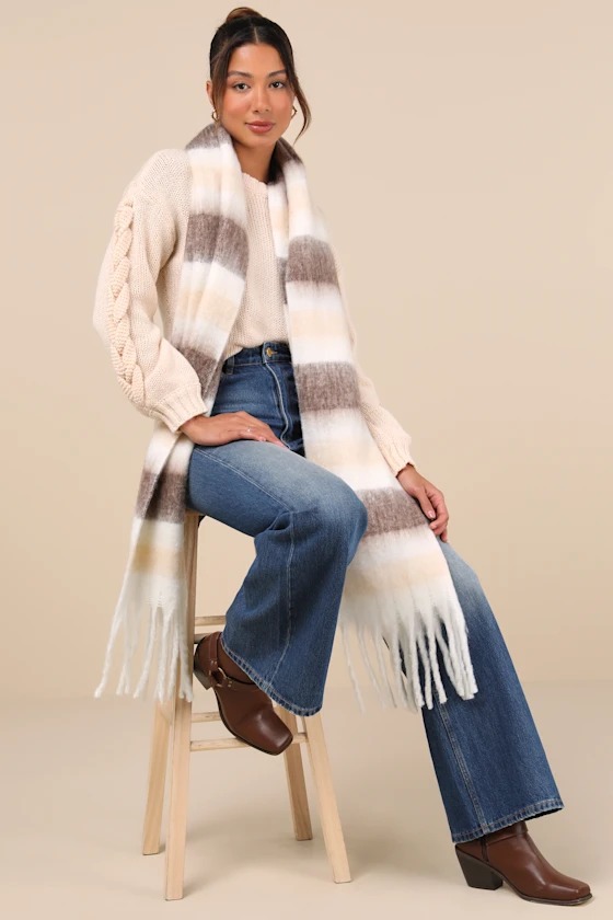 Alpine Attitude Ivory Striped Oversized Scarf