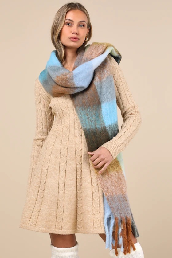 Seasonal Cuteness Blue Multi Plaid Oversized Scarf