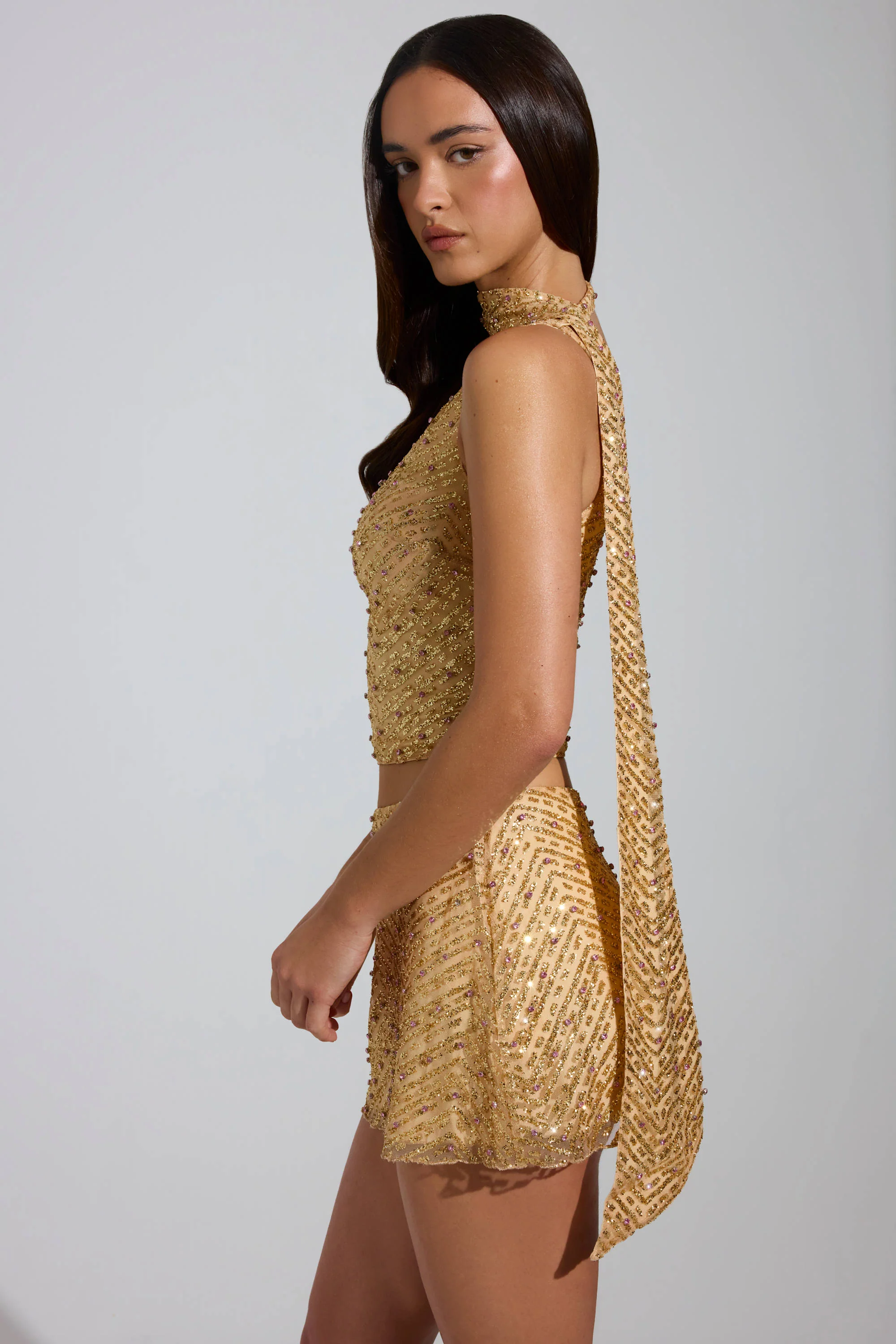 Embellished Scarf-Detail Asymmetric Top in Gold