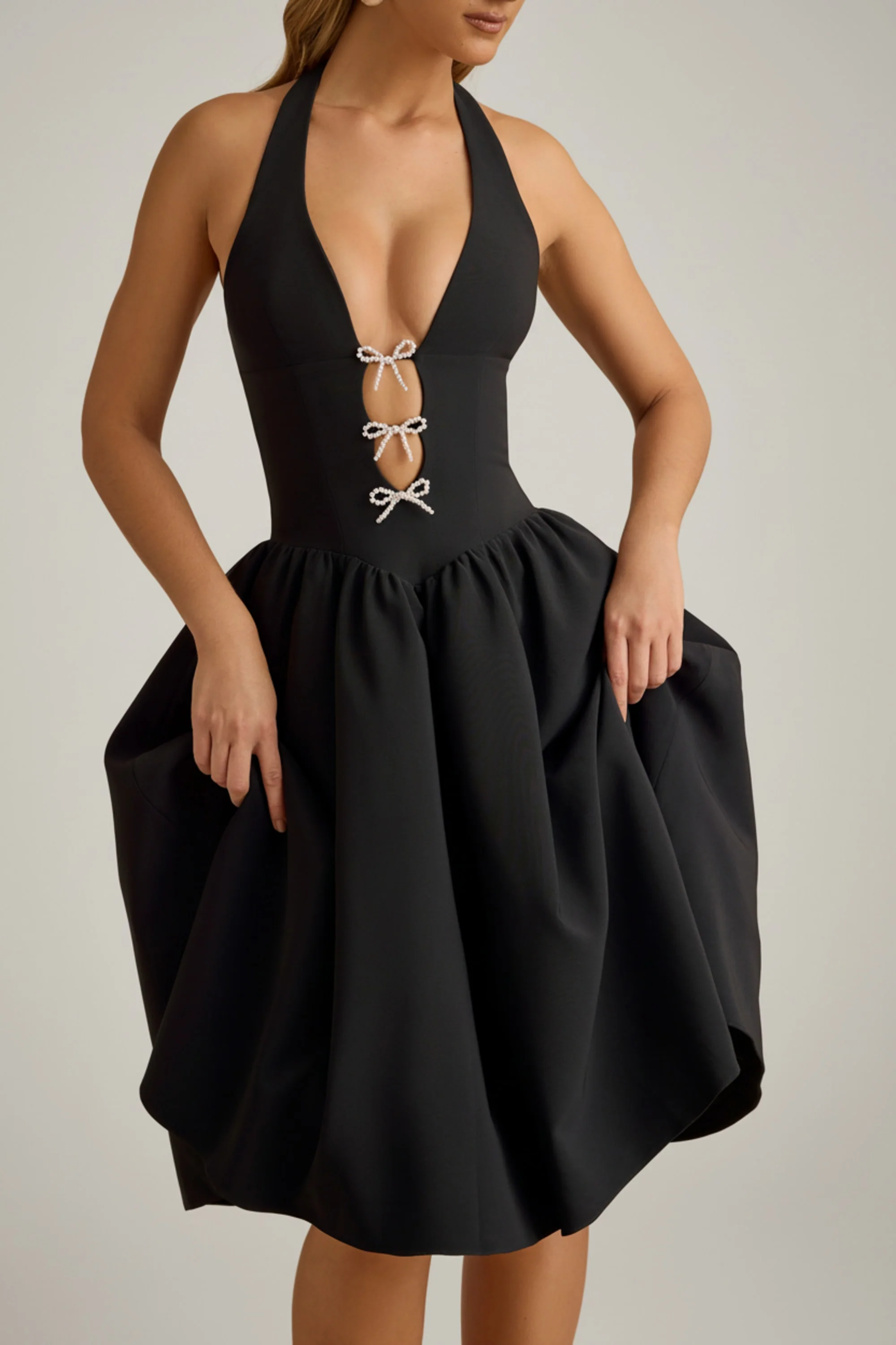 Halterneck Bow-Detail Midi Dress in Black