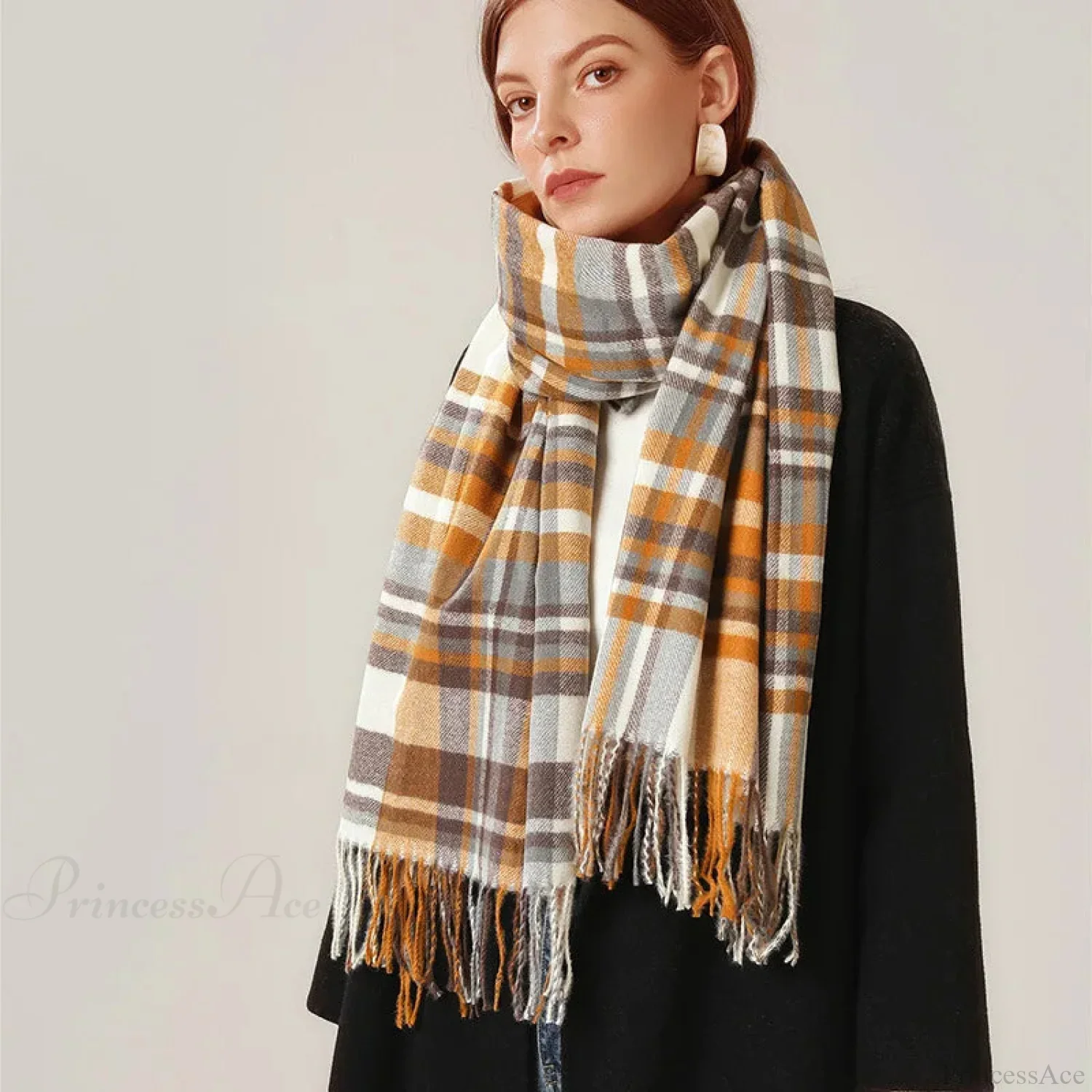 Vintage Plaid Cashmere Knit Tassel Scarf for Women
