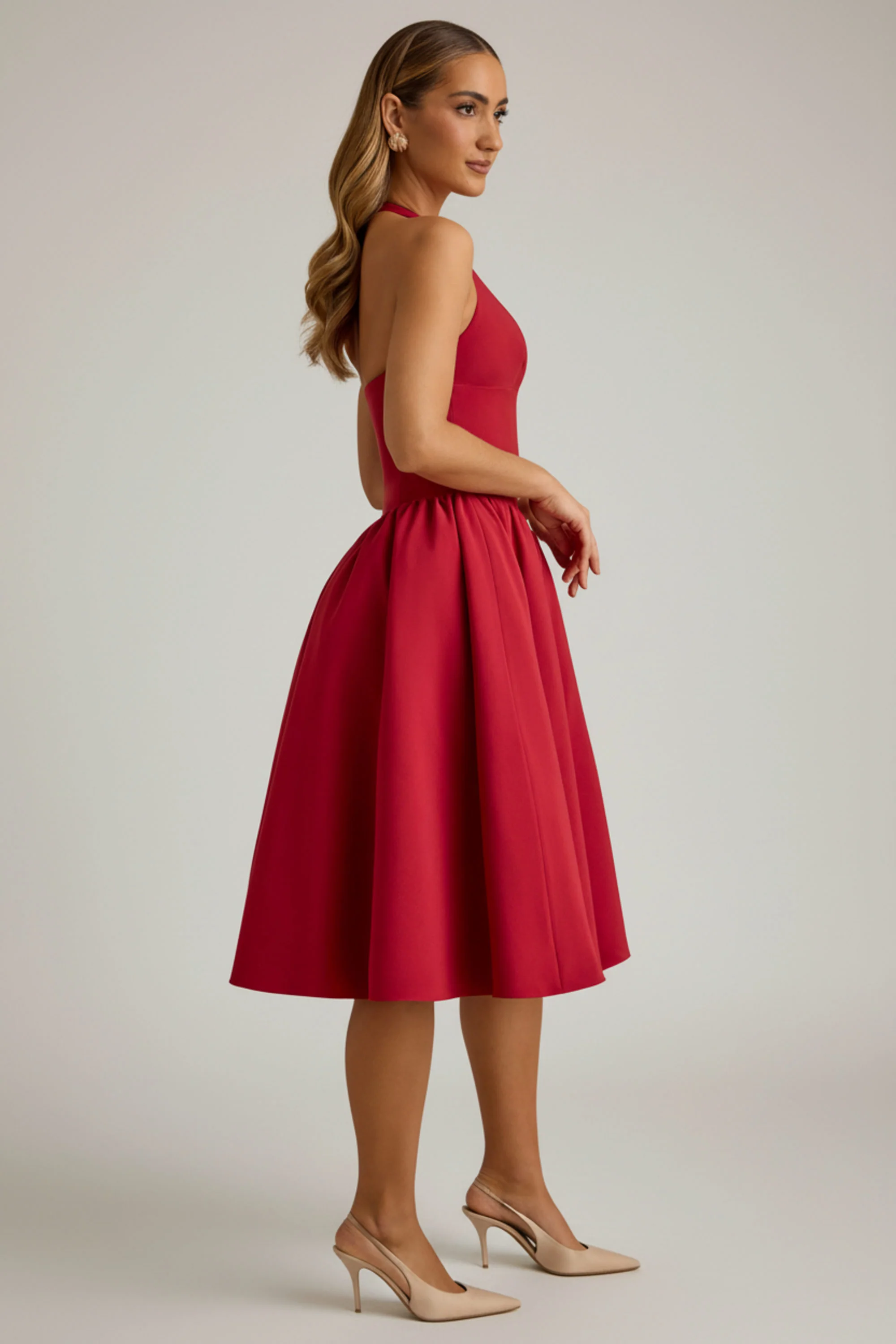 Halterneck Bow-Detail Midi Dress in True Red