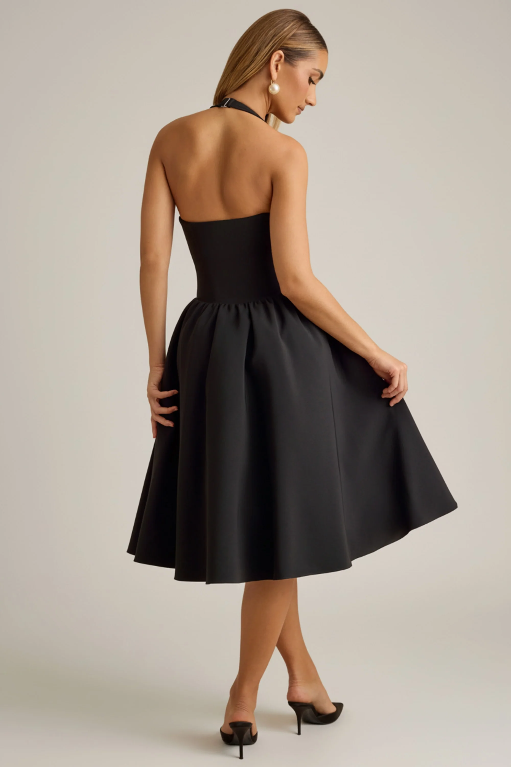 Halterneck Bow-Detail Midi Dress in Black