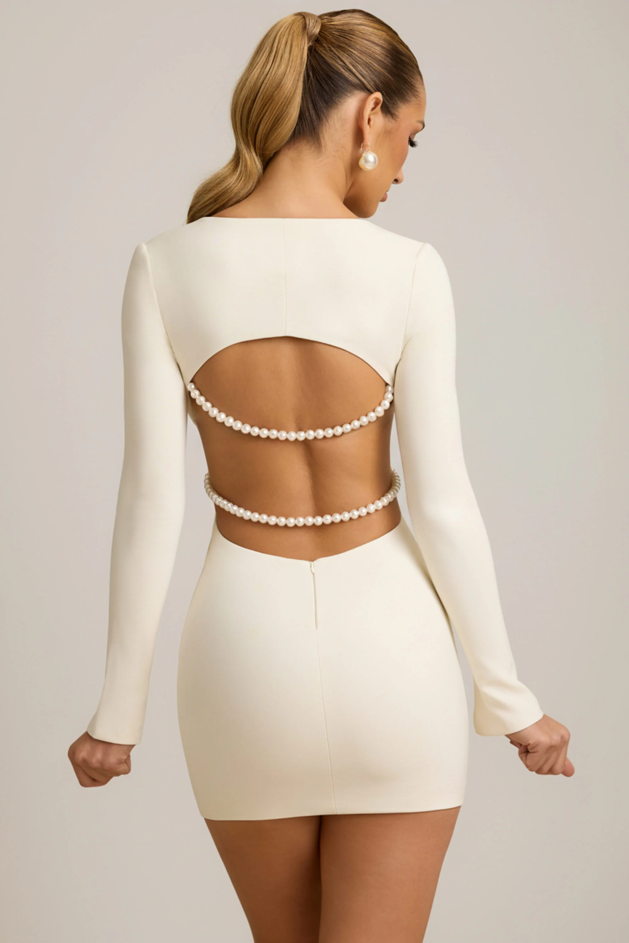 Pearl-Detail Cut-Out Mini Dress in Ivory