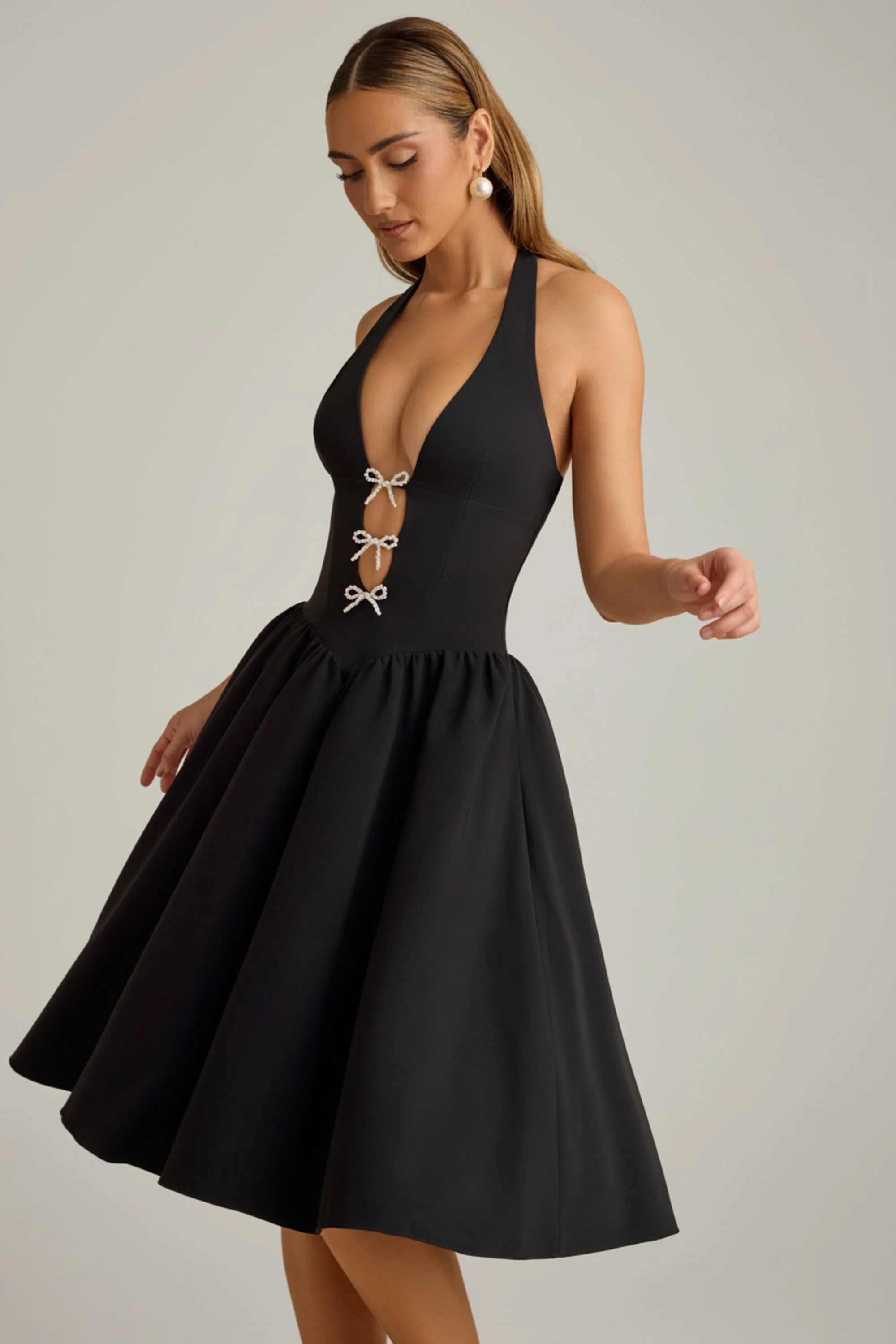 Halterneck Bow-Detail Midi Dress in Black