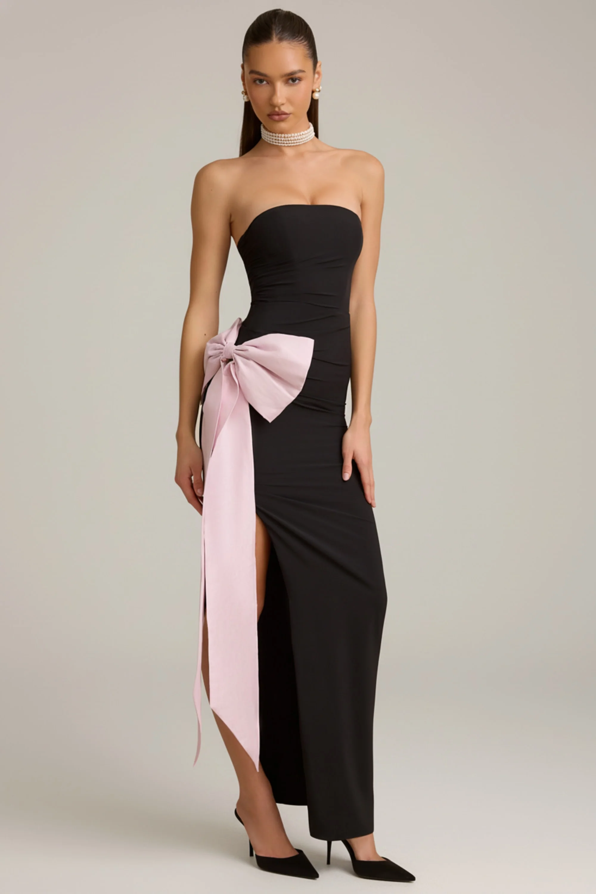 Strapless Bow-Detail Maxi Dress in Black