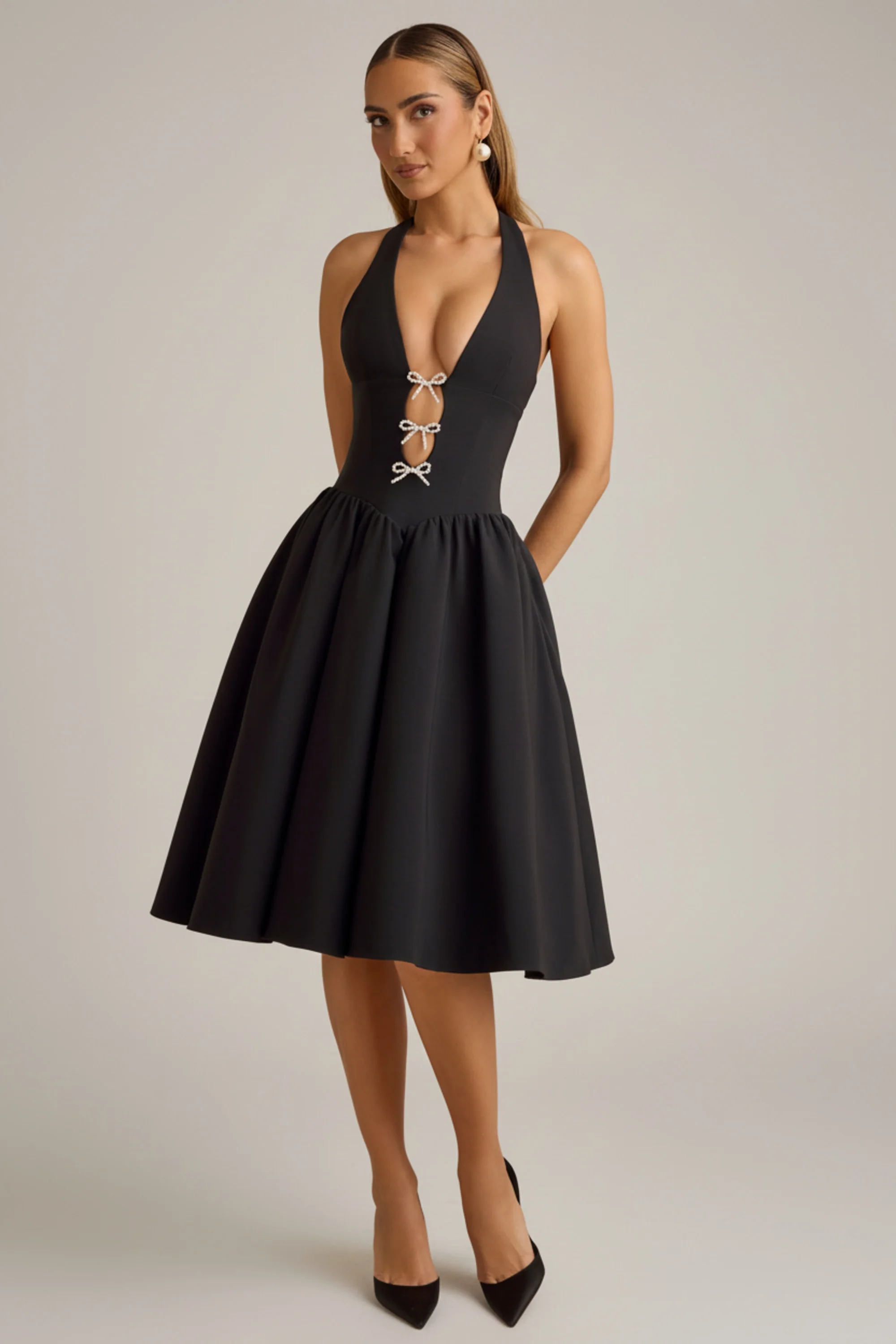 Halterneck Bow-Detail Midi Dress in Black