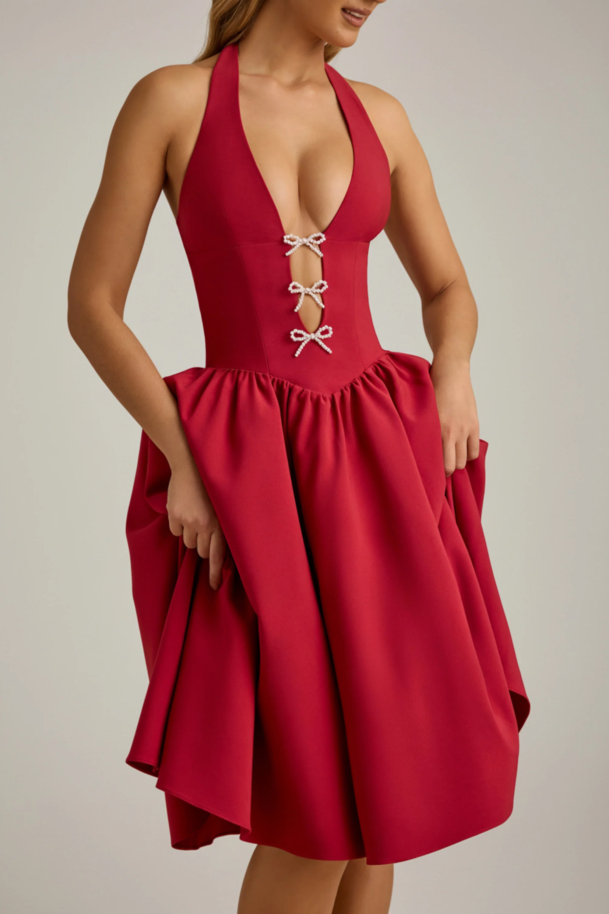 Halterneck Bow-Detail Midi Dress in True Red