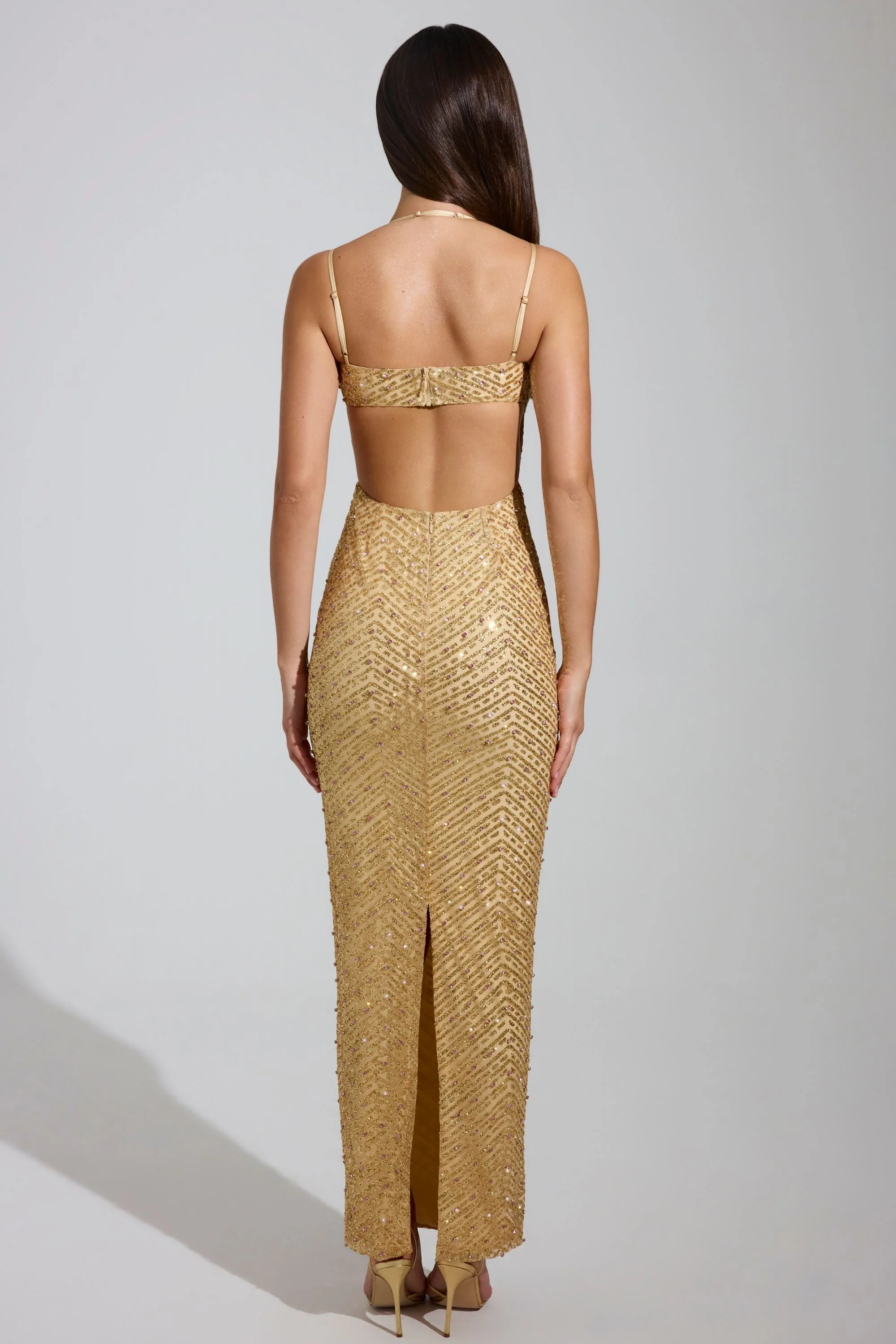 Embellished Cowl-Neck Maxi Dress in Gold