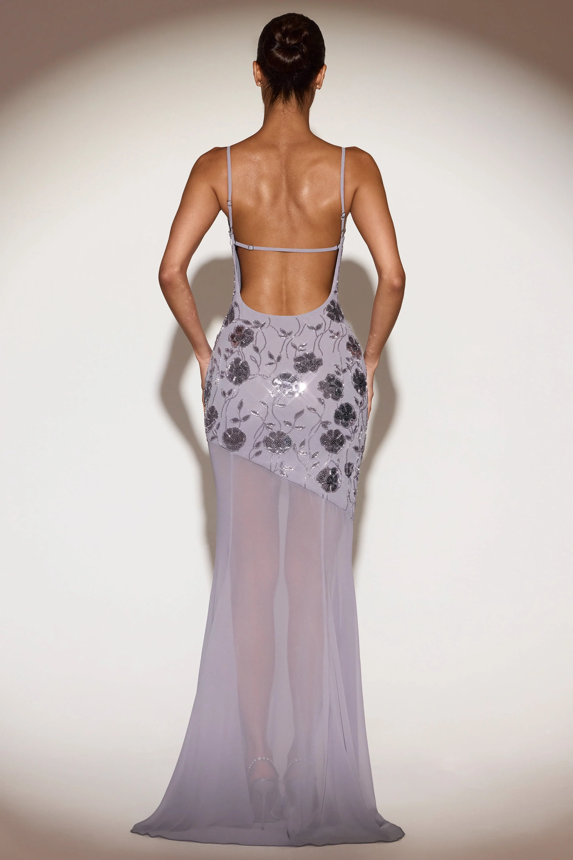 Embellished Cowl-Neck Backless Gown in Lilac