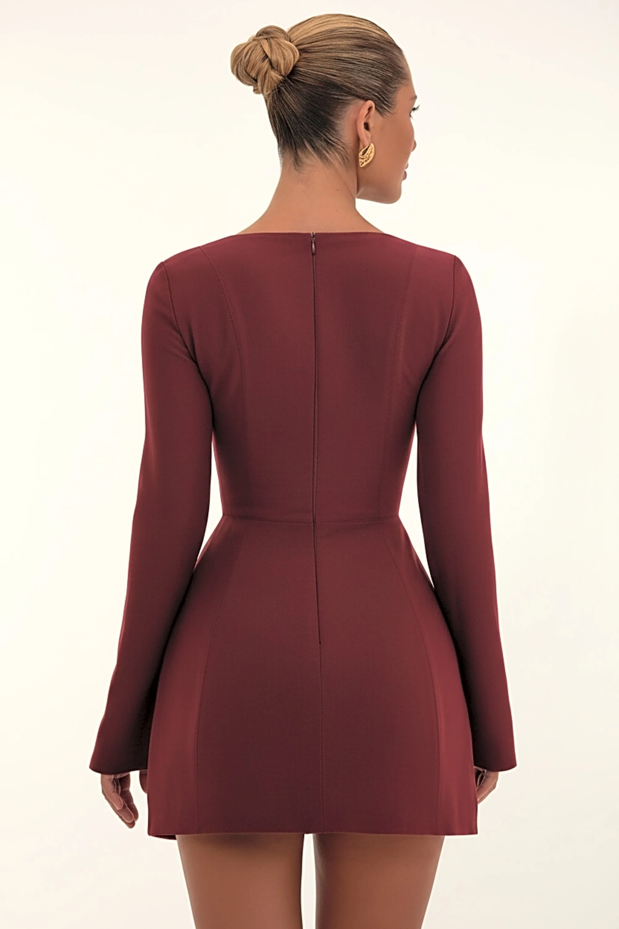 Square-Neck Structured Tulip Mini Dress in Wine Red