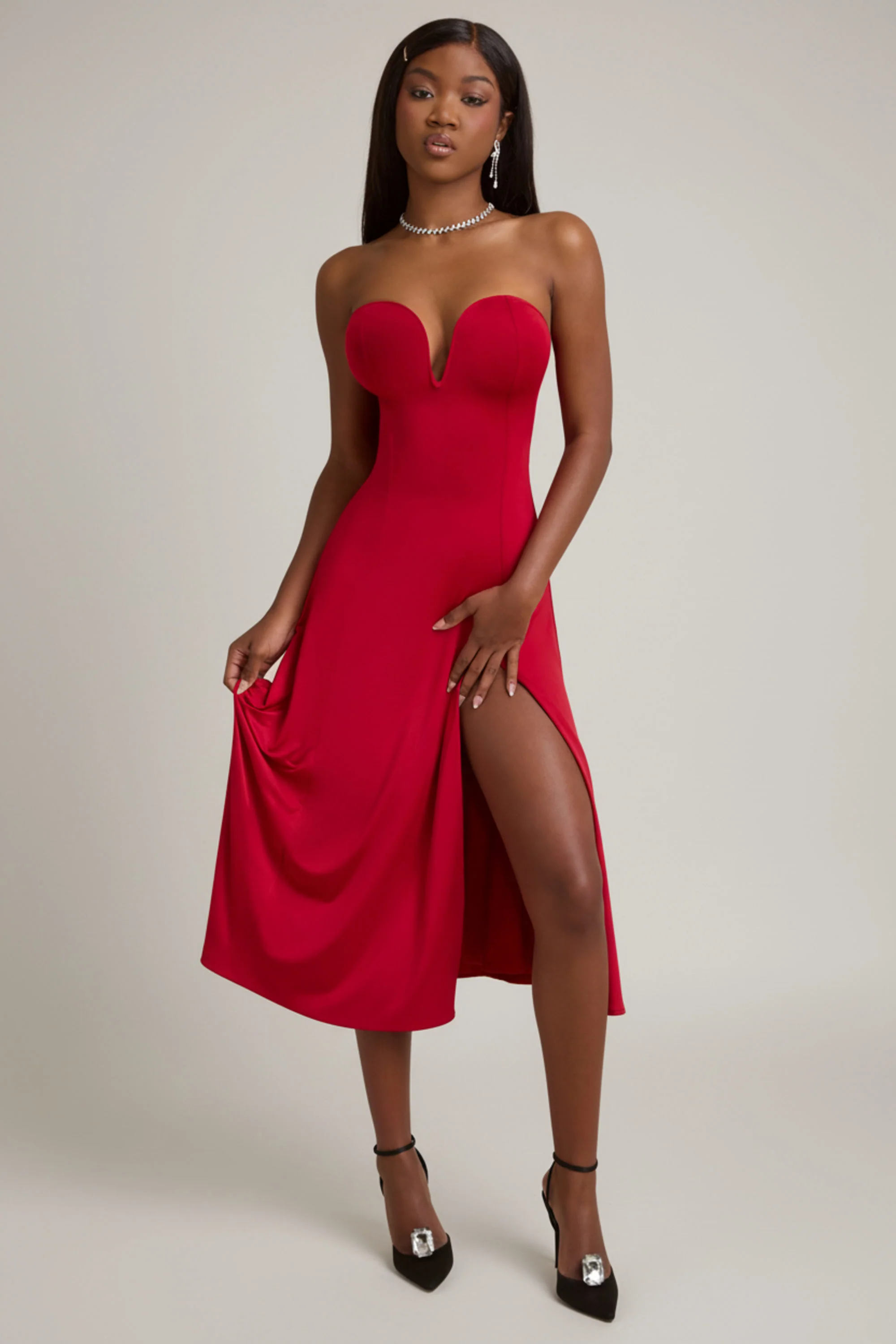 Slinky Jersey Strapless A-Line Midaxi Dress in True Red
