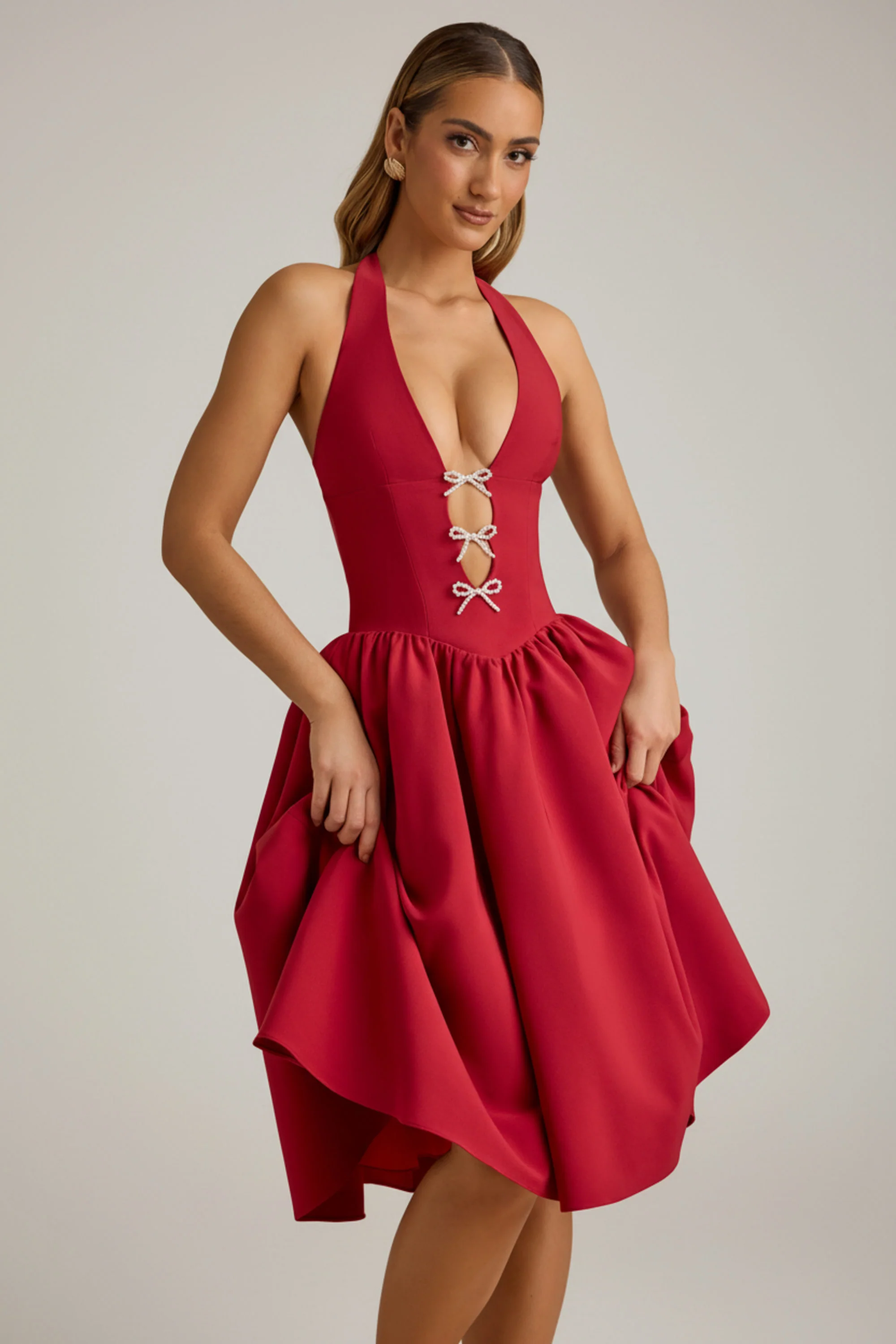 Halterneck Bow-Detail Midi Dress in True Red