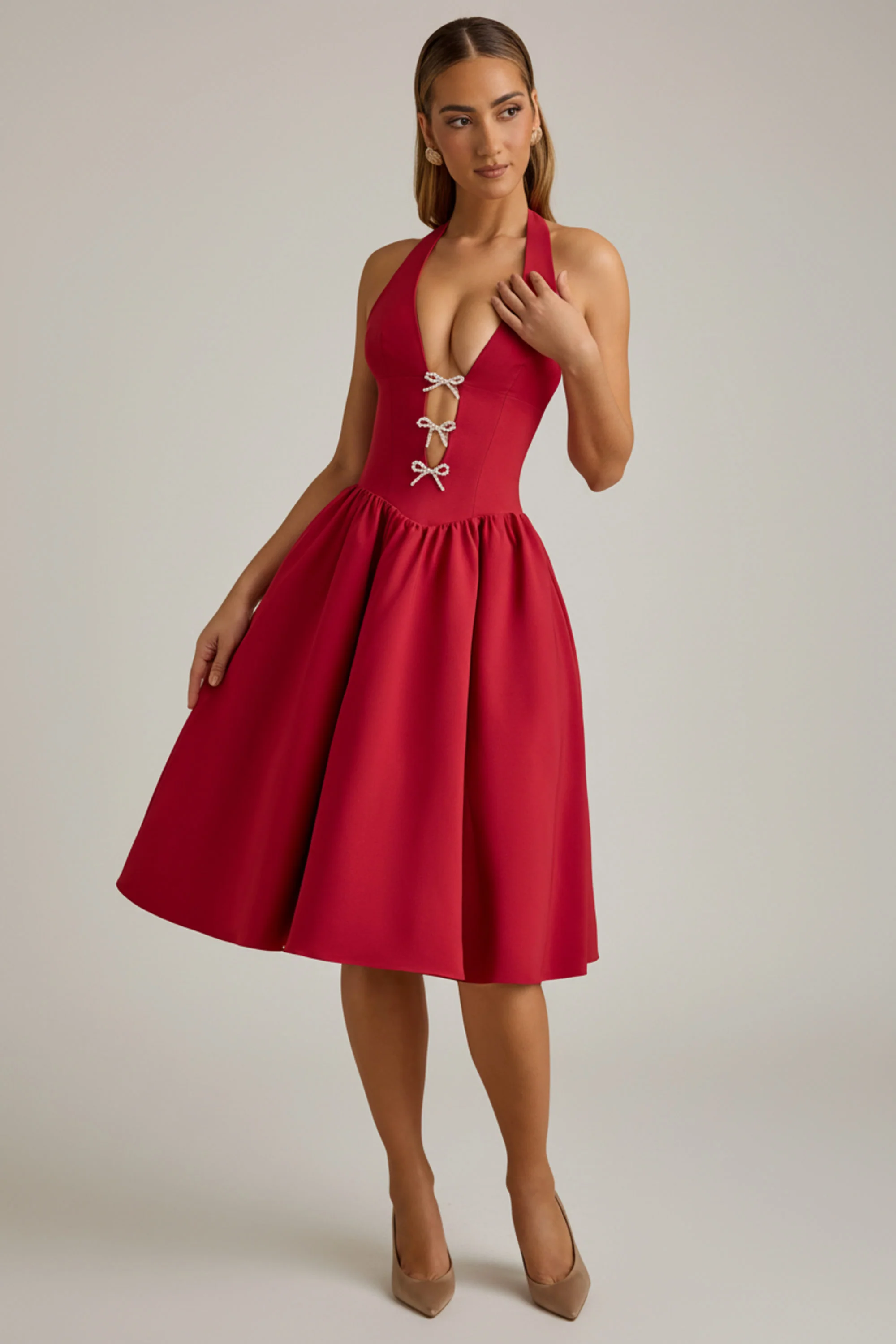 Halterneck Bow-Detail Midi Dress in True Red