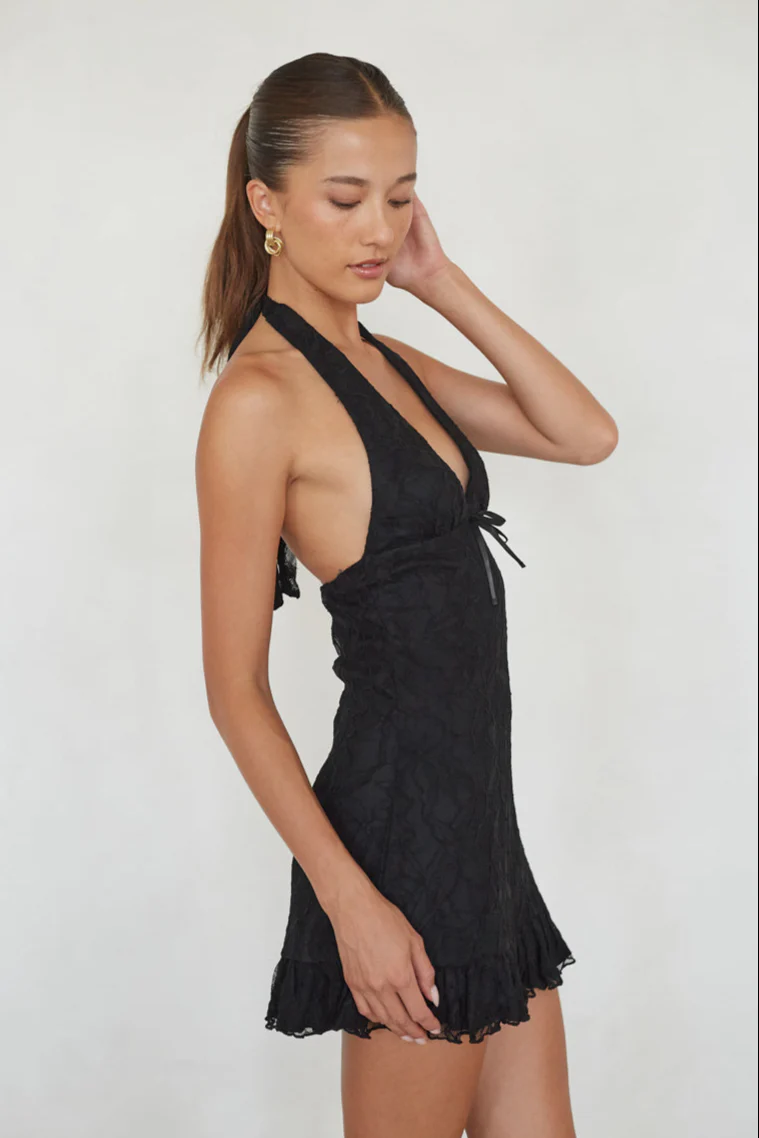 Fleur Lace Halter Ruffled Mini Dress
