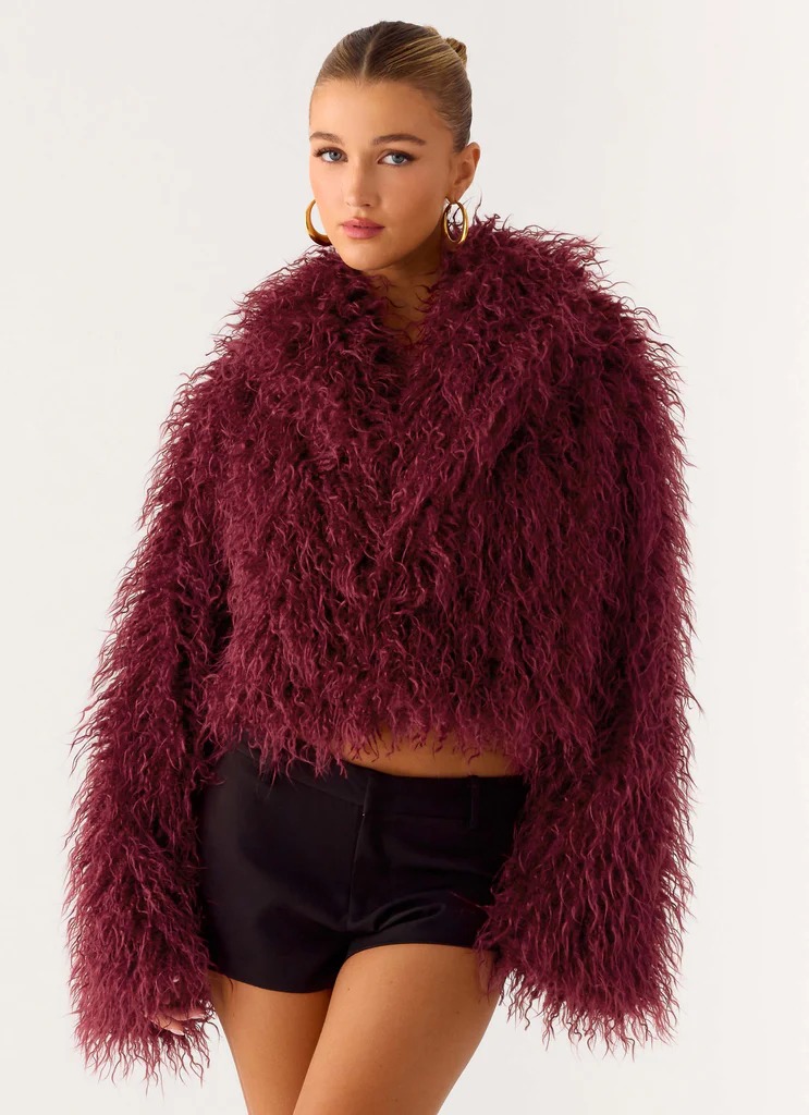 Virginia Cropped Faux Fur Jacket - Maroon