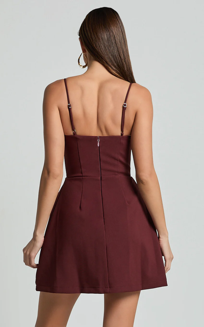 Katia Mini Dress Strappy Corset A Line Dress in Chocolate