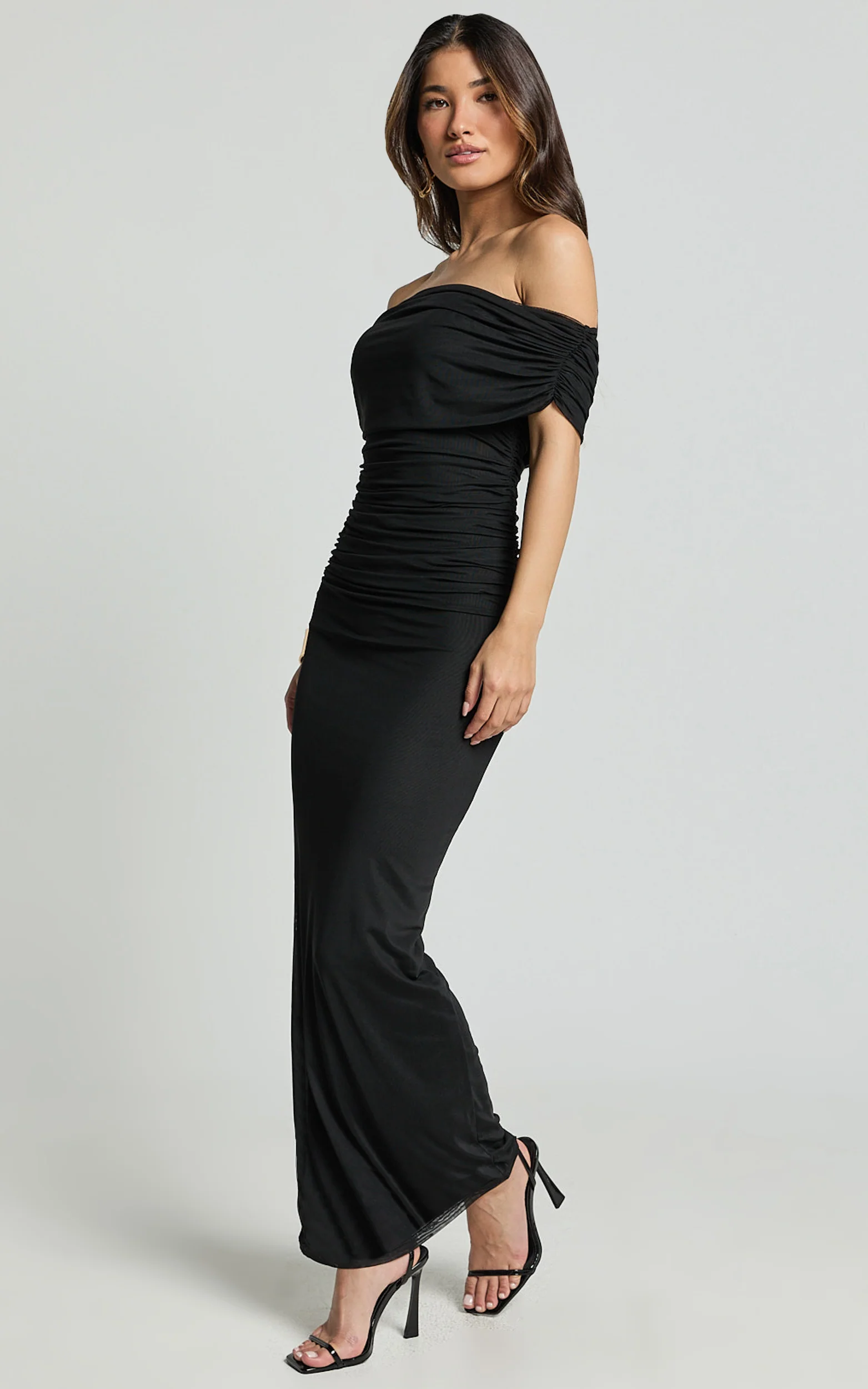 Ruched Off Shoulder Mesh Dress in Black