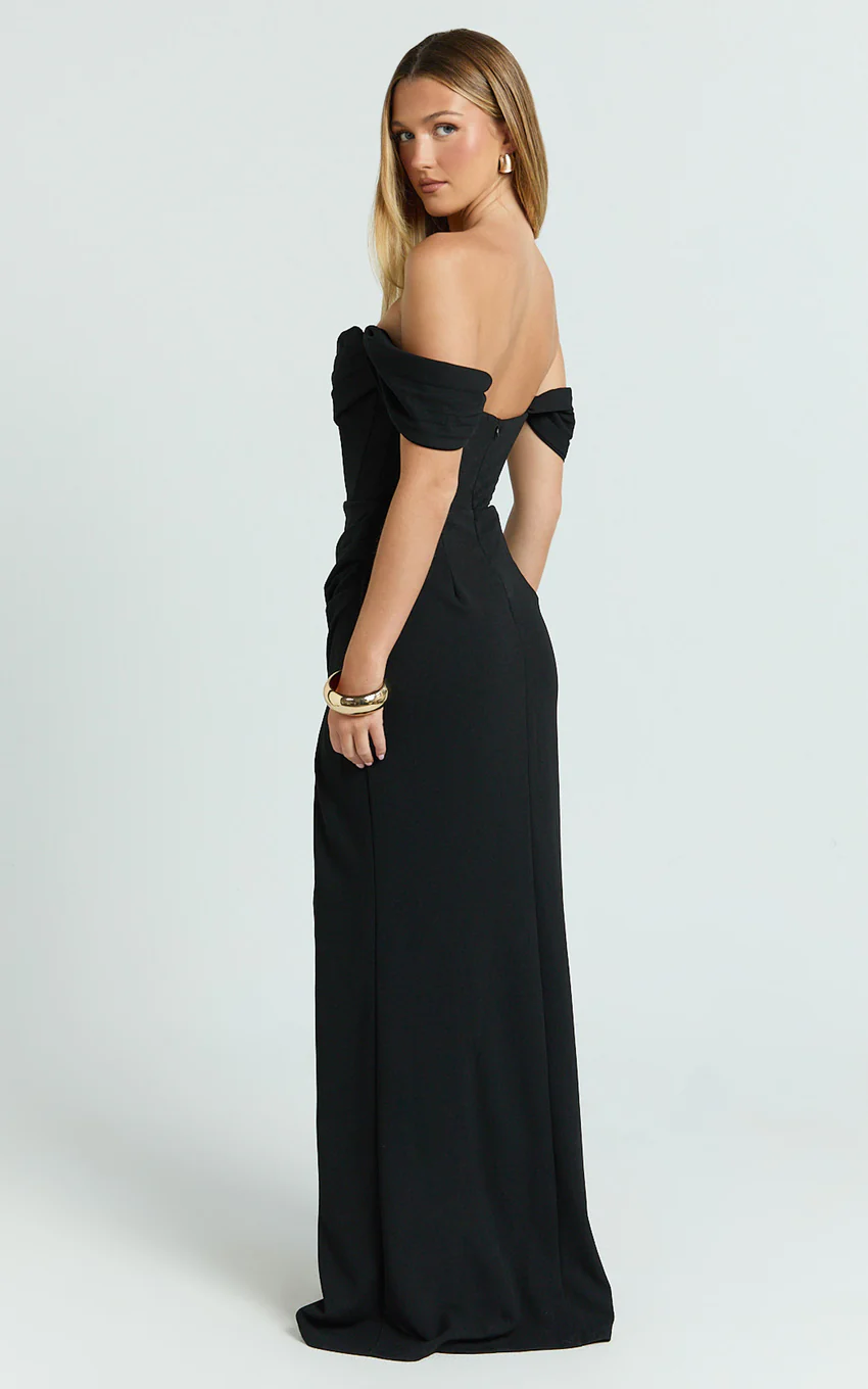 Off Shoulder Corset High Split Dress in Black