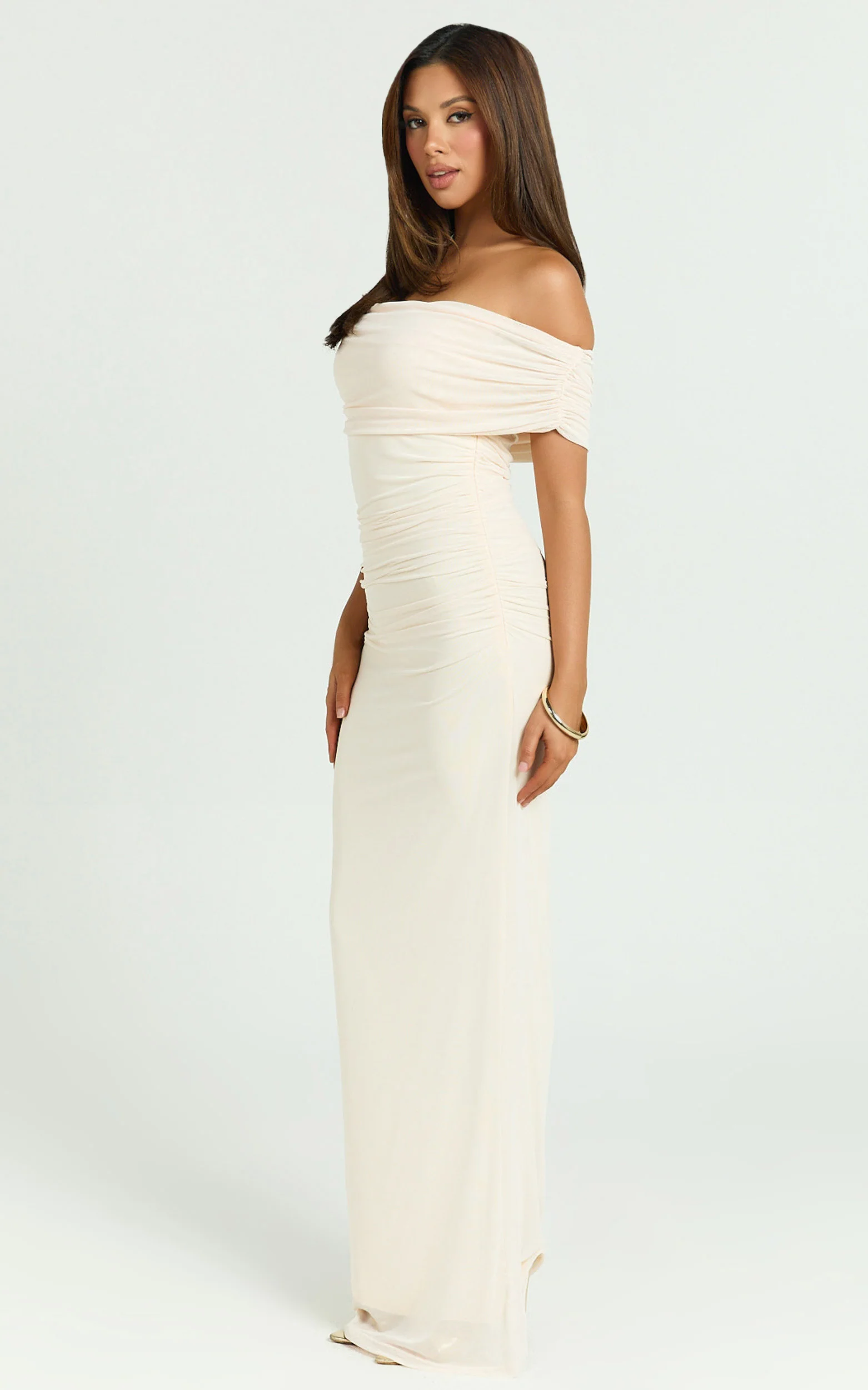 Ruched Off Shoulder Mesh Dress in Off White