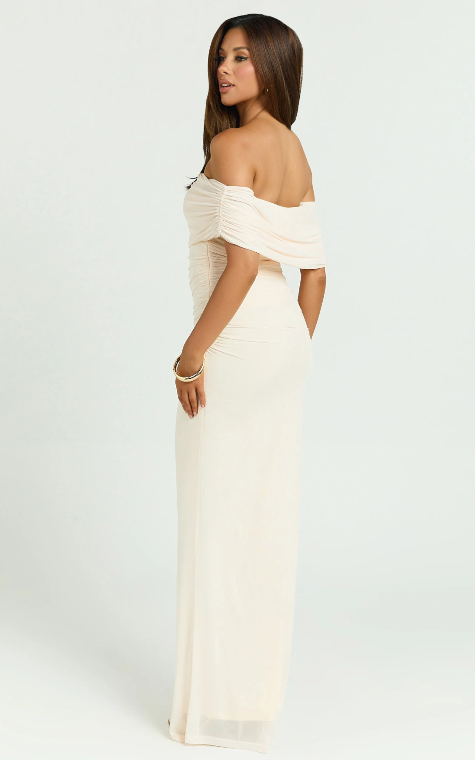 Ruched Off Shoulder Mesh Dress in Off White