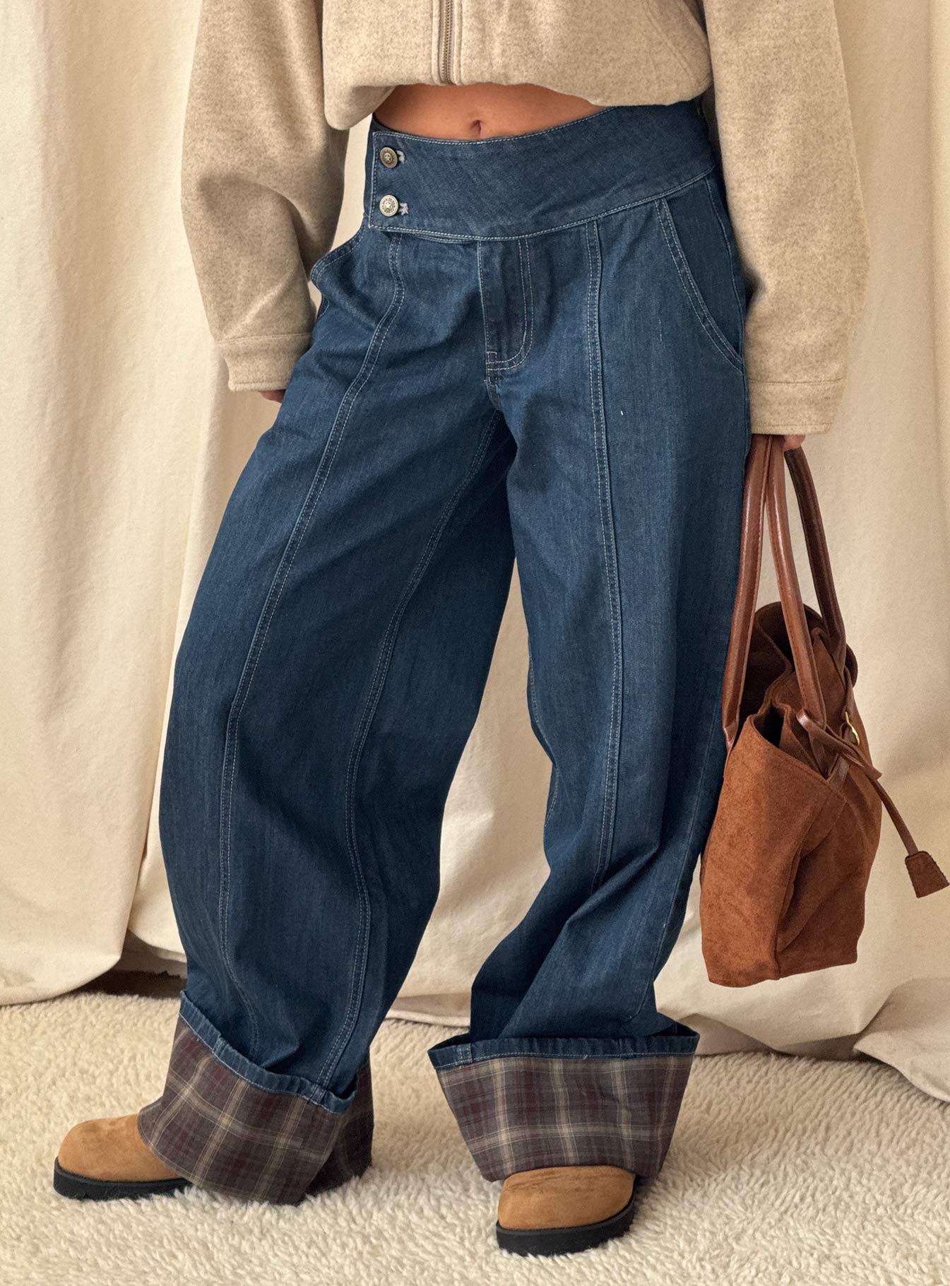 Nikoletta Foldover Jeans Dark Wash / Check