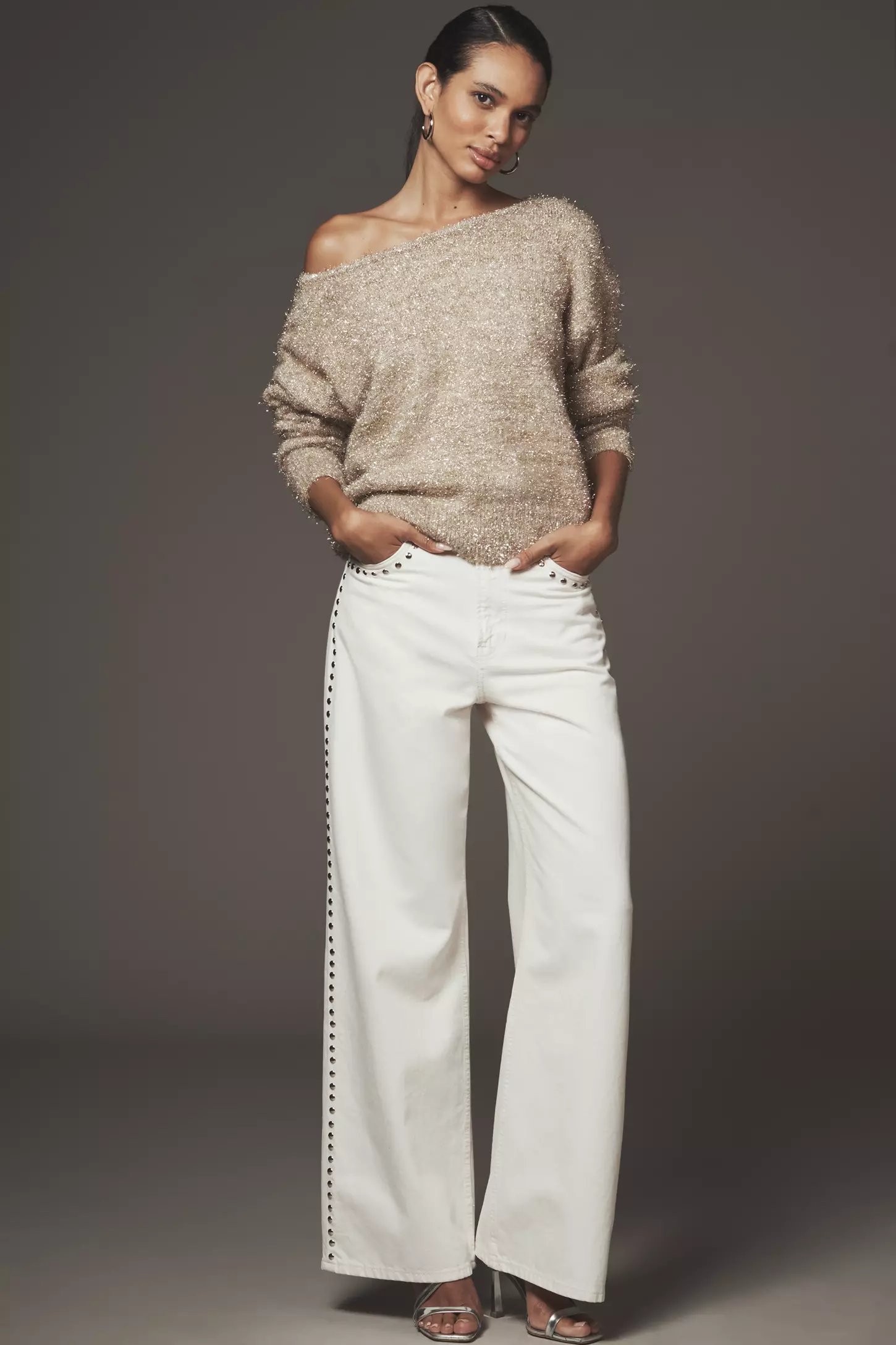 Long-Sleeve Boatneck Tinsel Sweater