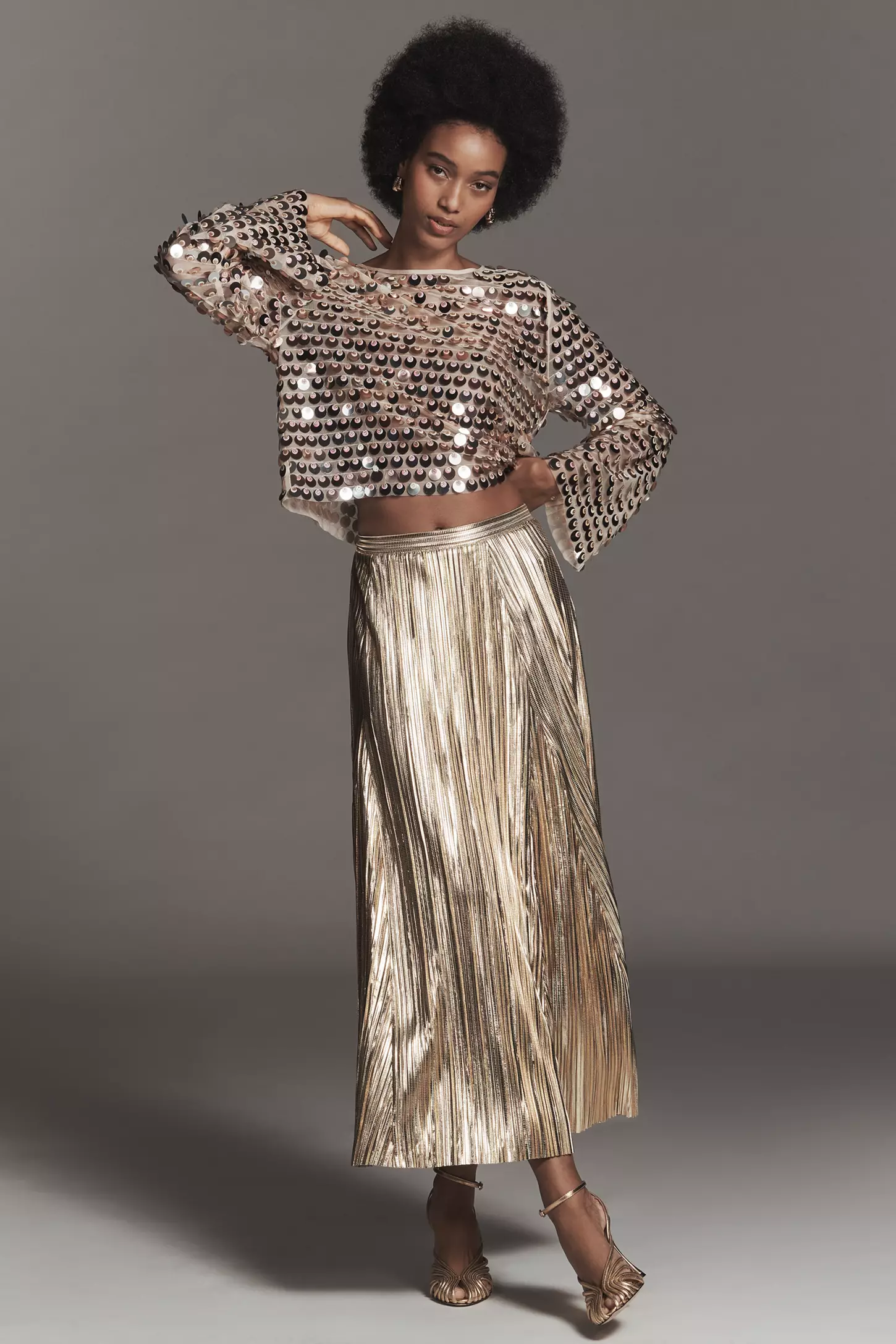 Metallic Pleated Midi Skirt