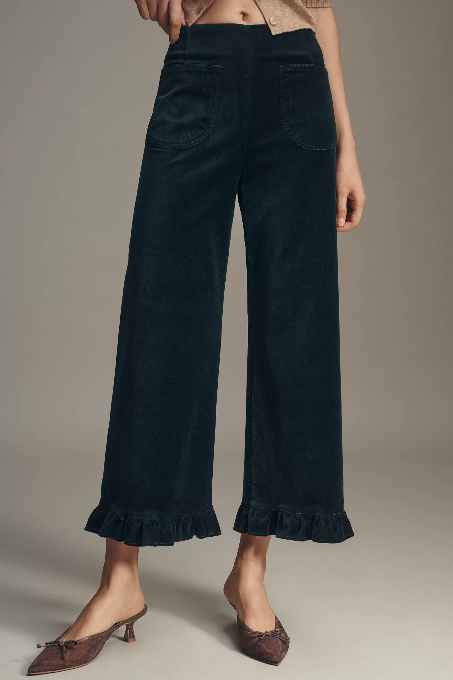 The Colette Crop Velvet Ruffle-Hem Pants